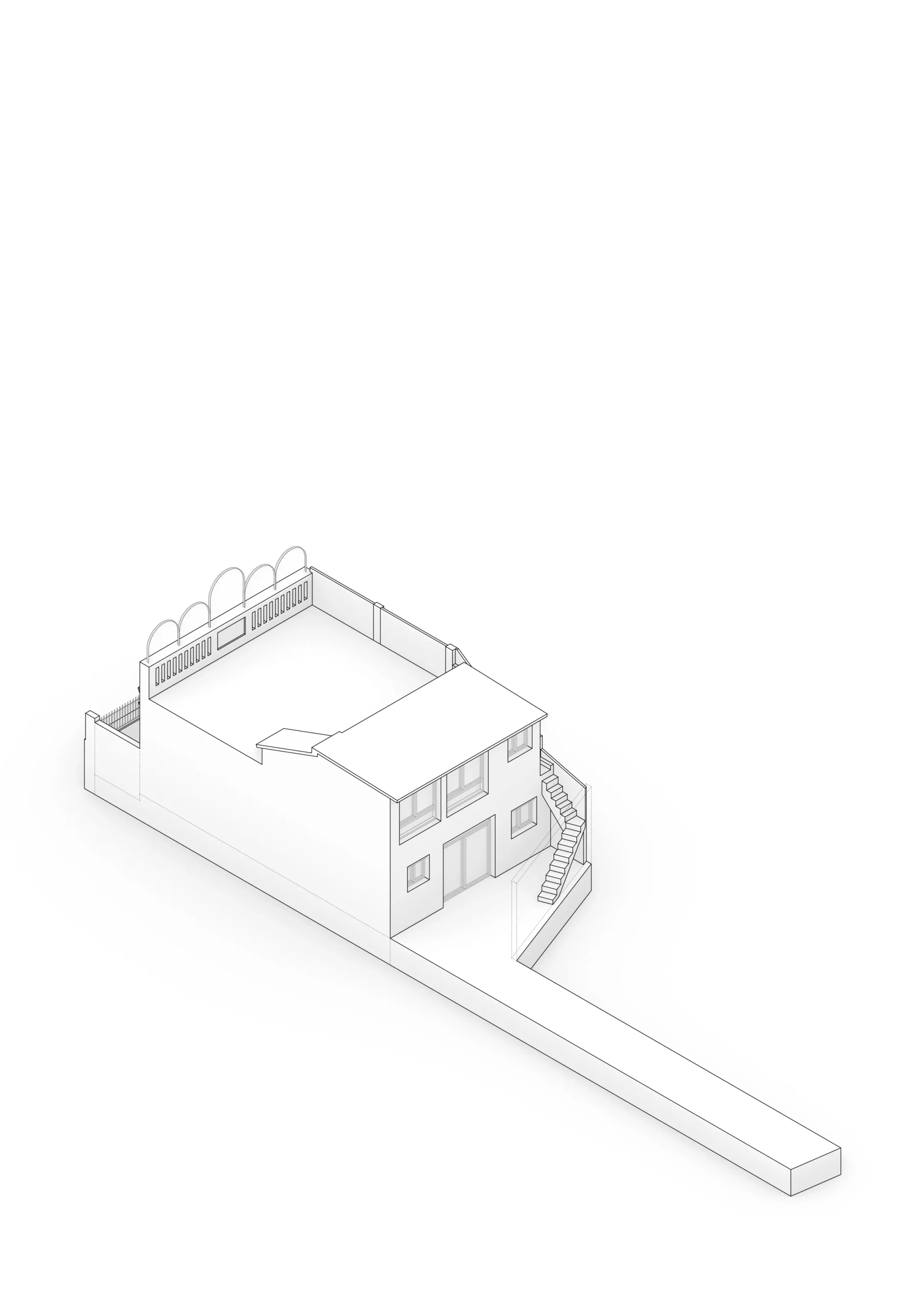 Diagrama axonométrico de vivienda reformada en Badalona, con volumetría de dos plantas y patio interior. Proyecto de Tova Arquitectura.