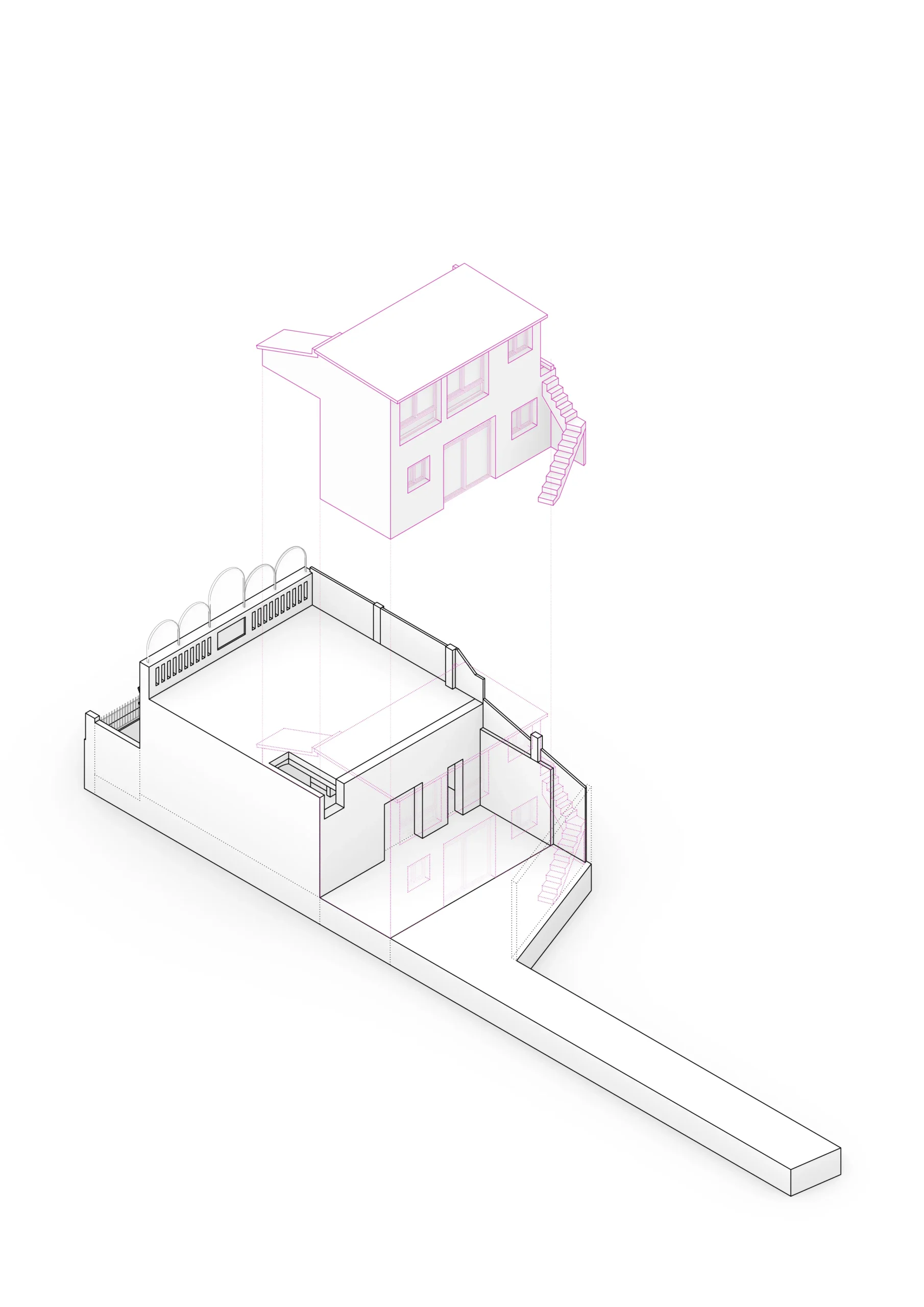 Diagrama axonométrico de vivienda reformada en Badalona, con volumetría de dos plantas y patio interior. Proyecto de Tova Arquitectura.