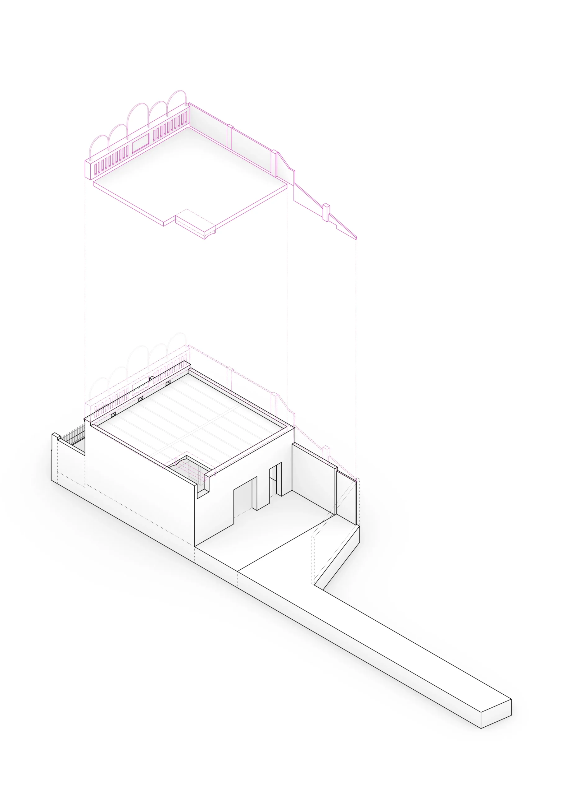 Diagrama axonométrico de vivienda reformada en Badalona, con volumetría de dos plantas y patio interior. Proyecto de Tova Arquitectura.