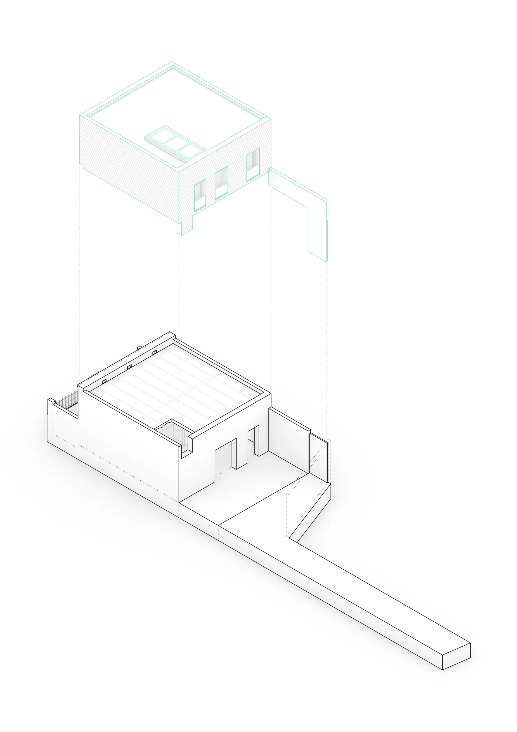 Diagrama axonométrico de vivienda reformada en Badalona, con volumetría de dos plantas y patio interior. Proyecto de Tova Arquitectura.