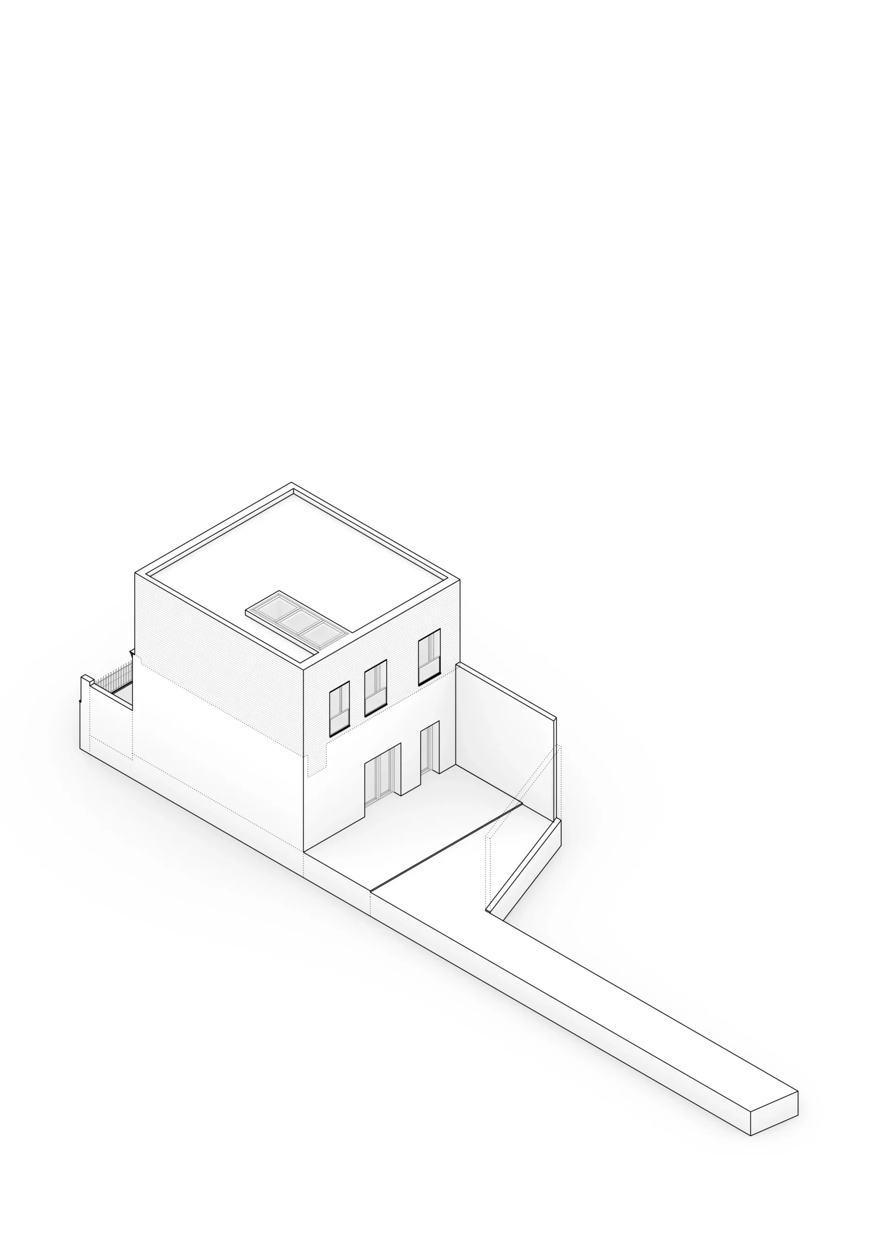Diagrama axonométrico de vivienda reformada en Badalona, con volumetría de dos plantas y patio interior. Proyecto de Tova Arquitectura.