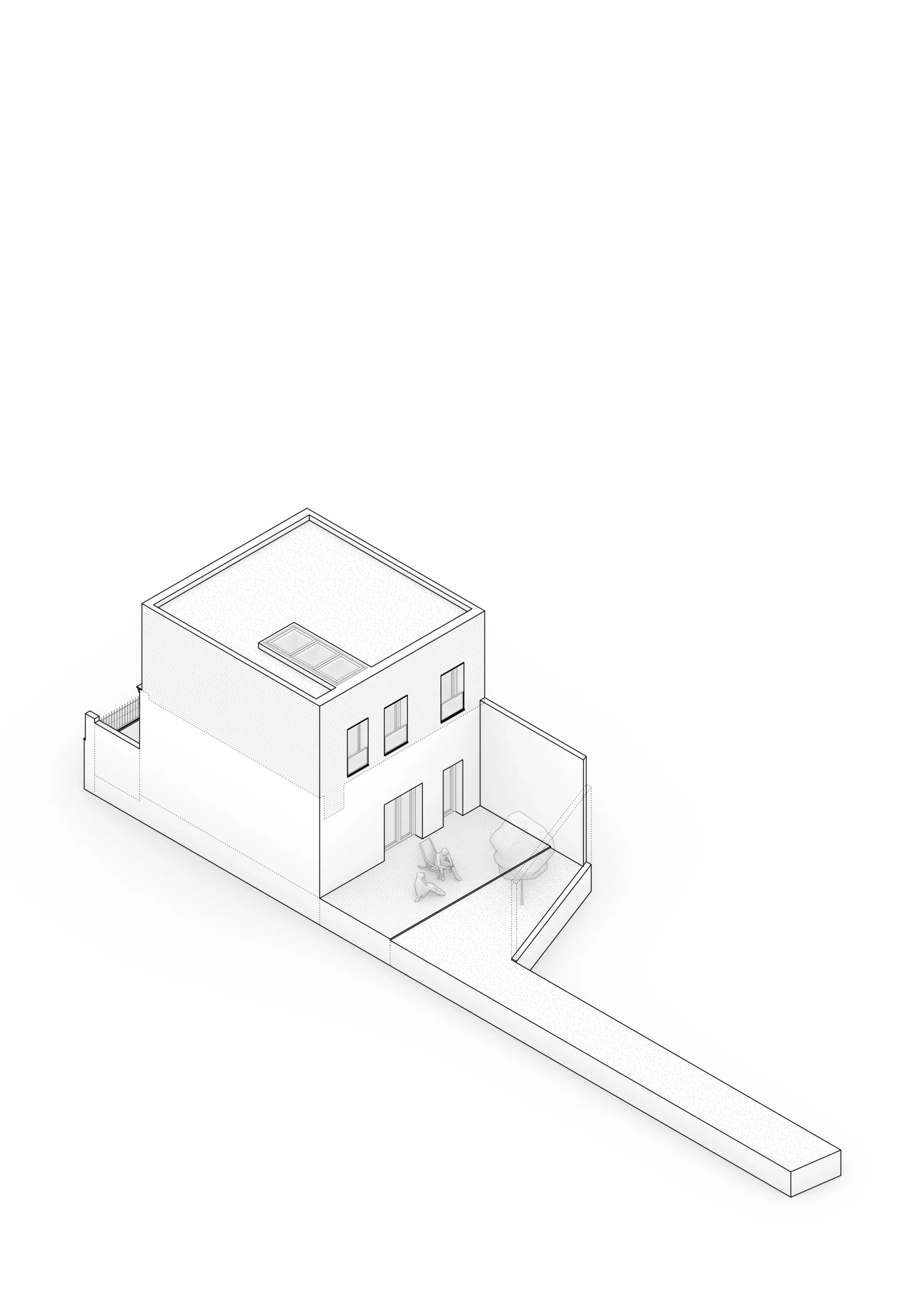 Diagrama axonométrico de vivienda reformada en Badalona, con volumetría de dos plantas y patio interior. Proyecto de Tova Arquitectura.