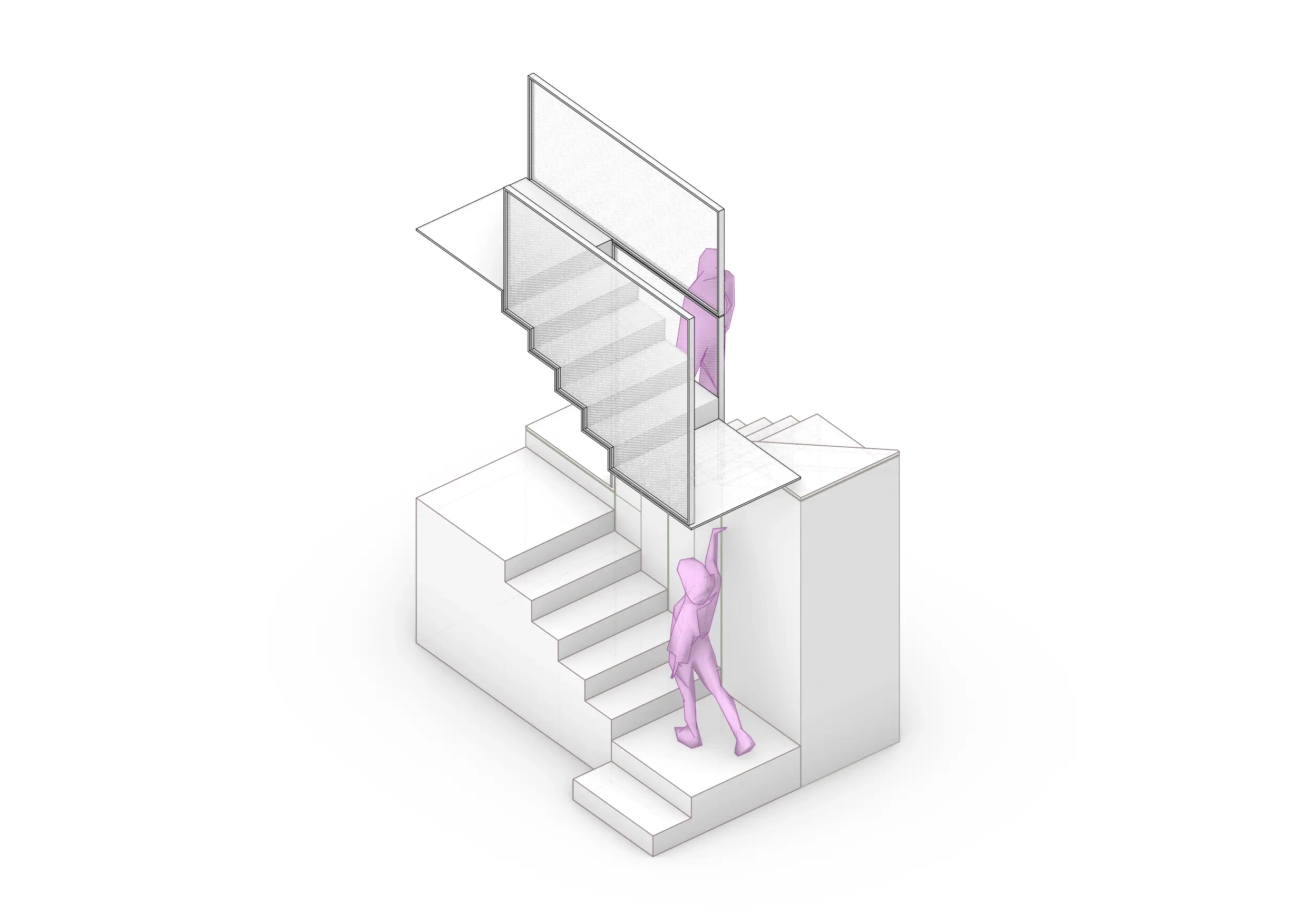 Diagrama axonométrico de escalera de vivienda reformada en Badalona, con volumetría de dos plantas y patio interior. Proyecto de Tova Arquitectura.