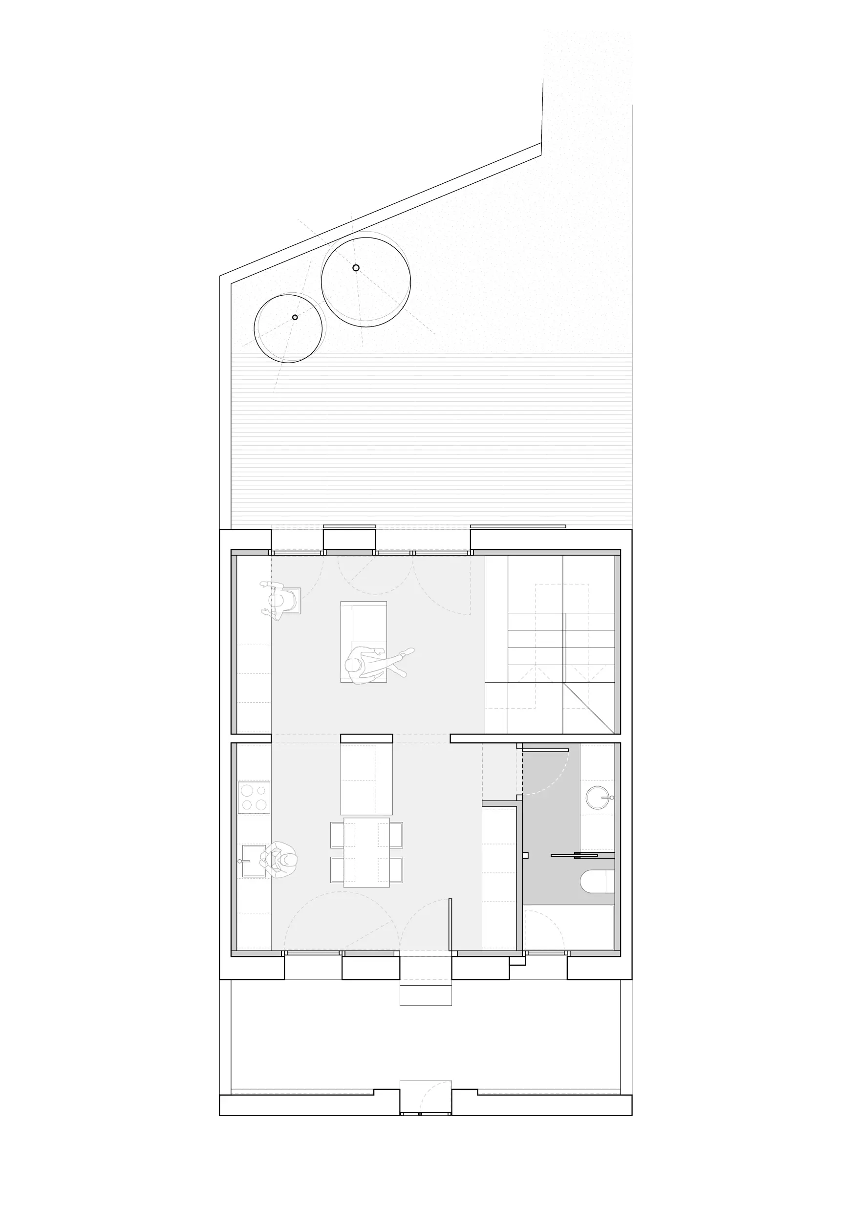 Plano de planta baja reformada de vivienda en Badalona, con distribución en planta abierta de salón y cocina comedor, baño y acceso al patio posterior. Proyecto de Tova Arquitectura