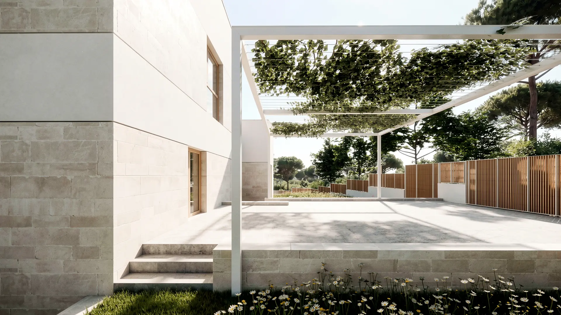 Zona de aparcamiento exterior de vivienda unifamiliar de obra nueva en L'Ametlla del Vallès, con pérgola vegetal metálica, pavimento de hormigón, fachada de piedra natural y cerramiento de lamas de madera. Proyecto de Tova Arquitectura