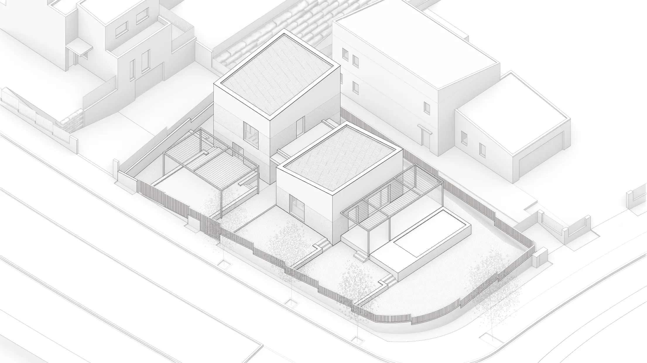 Diagrama de vivienda unifamiliar de obra nueva en L'Ametlla del Vallès, con salón comedor, dormitorio en planta baja, piscina y amplio jardín en parcela irregular. Proyecto de Tova Arquitectura