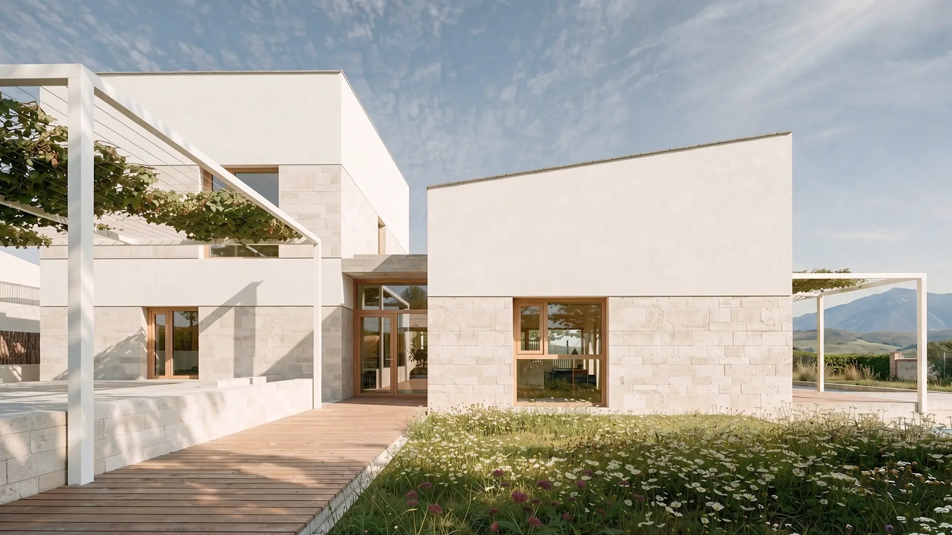 Acceso a vivienda unifamiliar de obra nueva en L'Ametlla del Vallès, con pasarela de tarima de madera, fachada de piedra natural y vistas al Montseny al fondo. Proyecto de Tova Arquitectura