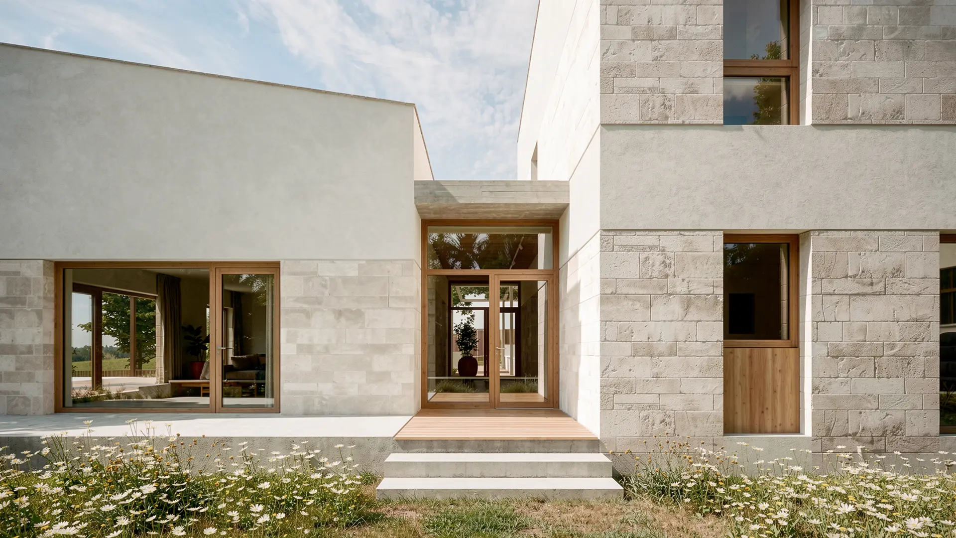 Detalle de fachada y acceso principal de vivienda unifamiliar de obra nueva en L'Ametlla del Vallès, con mampostería de piedra natural, carpinterías de madera y jardín de pradera silvestre. Proyecto de Tova Arquitectura