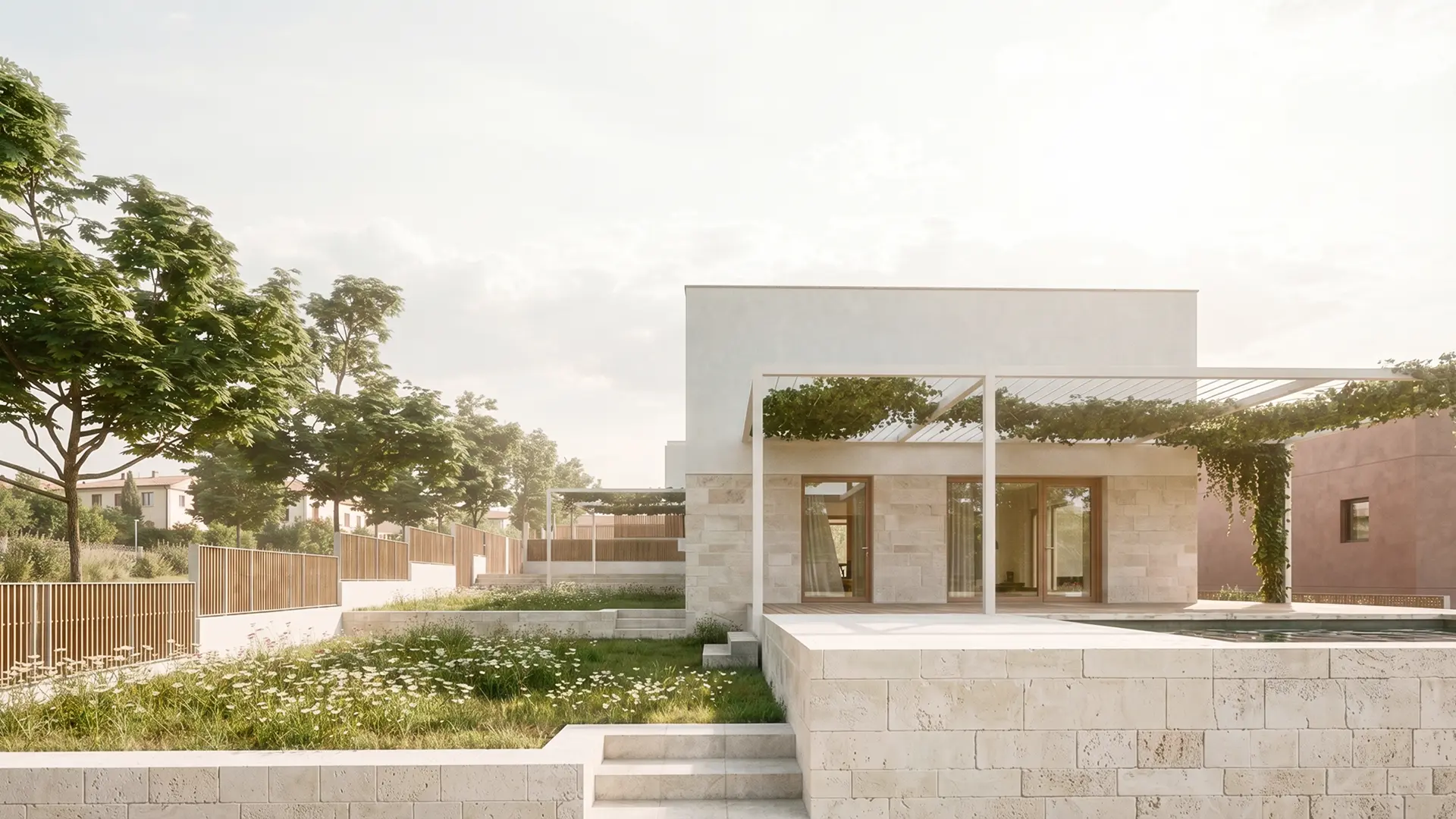 Exterior de vivienda unifamiliar de obra nueva en L'Ametlla del Vallès, con fachada de piedra natural, pérgola vegetal, terraza escalonada con piscina y jardín de pradera en ladera. Proyecto de Tova Arquitectura