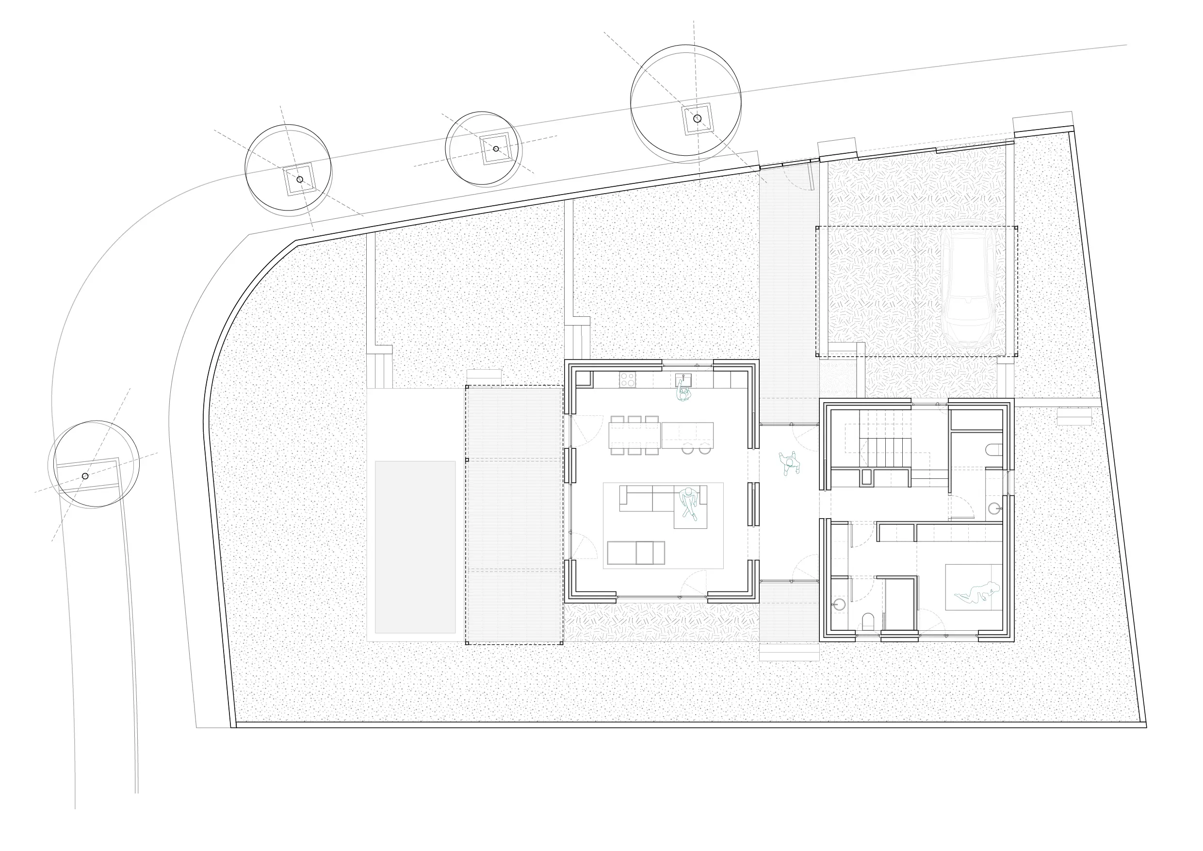 Plano de planta baja de vivienda unifamiliar de obra nueva en L'Ametlla del Vallès, con salón comedor, dormitorio en planta baja, piscina y amplio jardín en parcela irregular. Proyecto de Tova Arquitectura