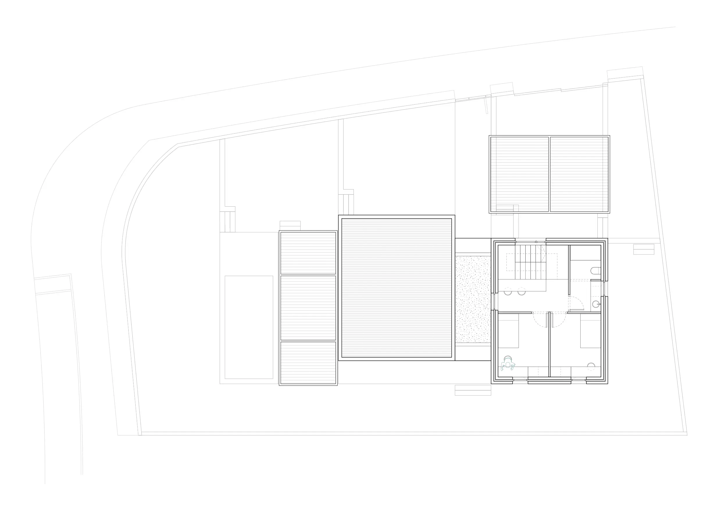 Plano de planta primera de vivienda unifamiliar de obra nueva en L'Ametlla del Vallès, con salón comedor, dormitorio en planta baja, piscina y amplio jardín en parcela irregular. Proyecto de Tova Arquitectura