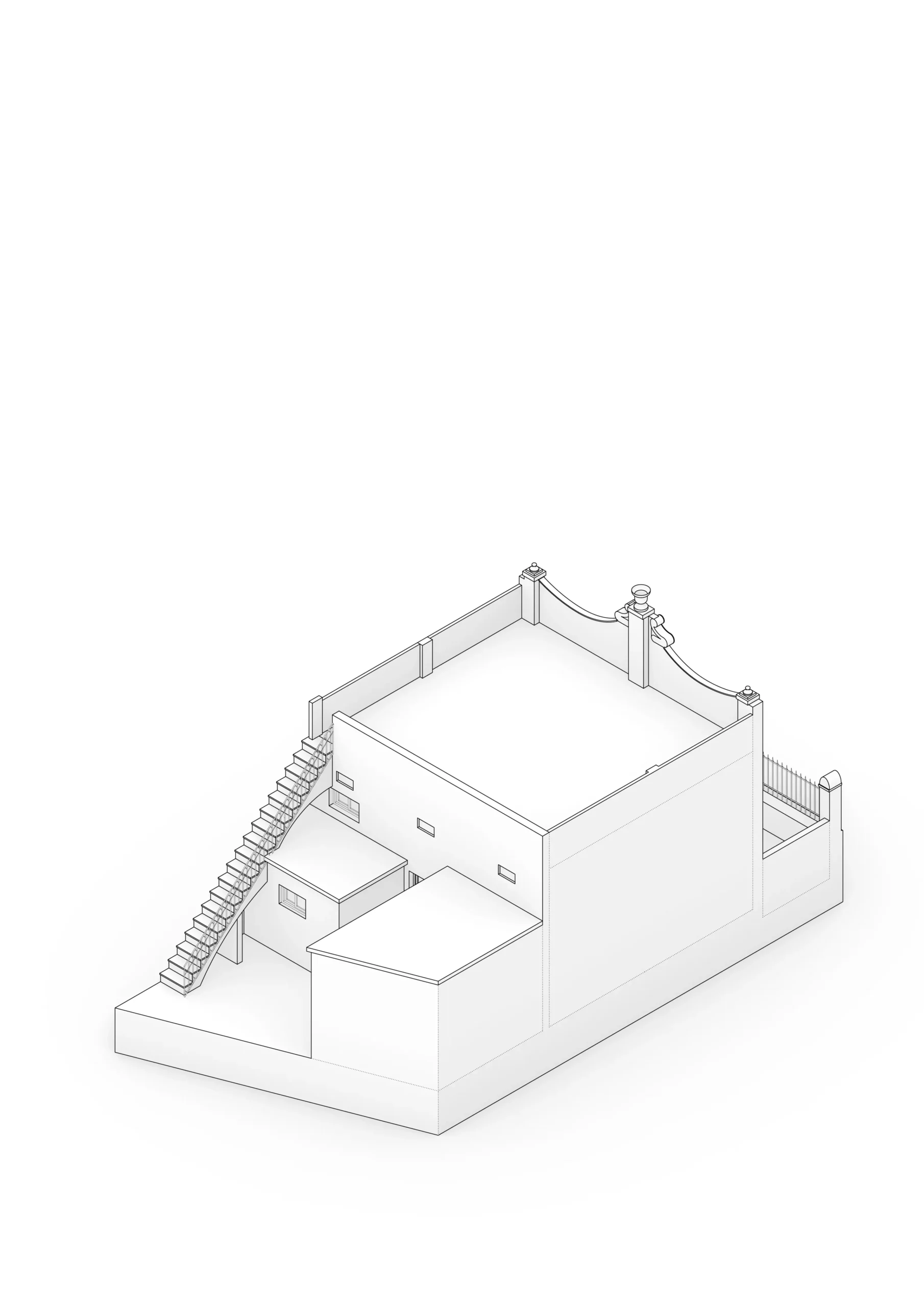 Diagrama axonométrico de vivienda reformada en Badalona, con volumetría de planta baja, patio posterior y escalera exterior de acceso a cubierta. Proyecto de Tova Arquitectura