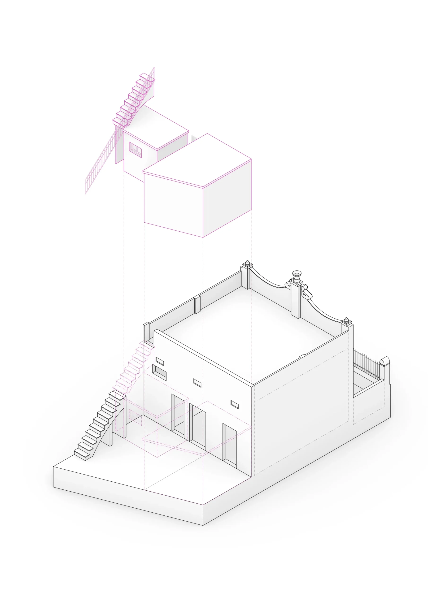 Diagrama axonométrico de vivienda reformada en Badalona, con volumetría de planta baja, patio posterior y escalera exterior de acceso a cubierta. Proyecto de Tova Arquitectura