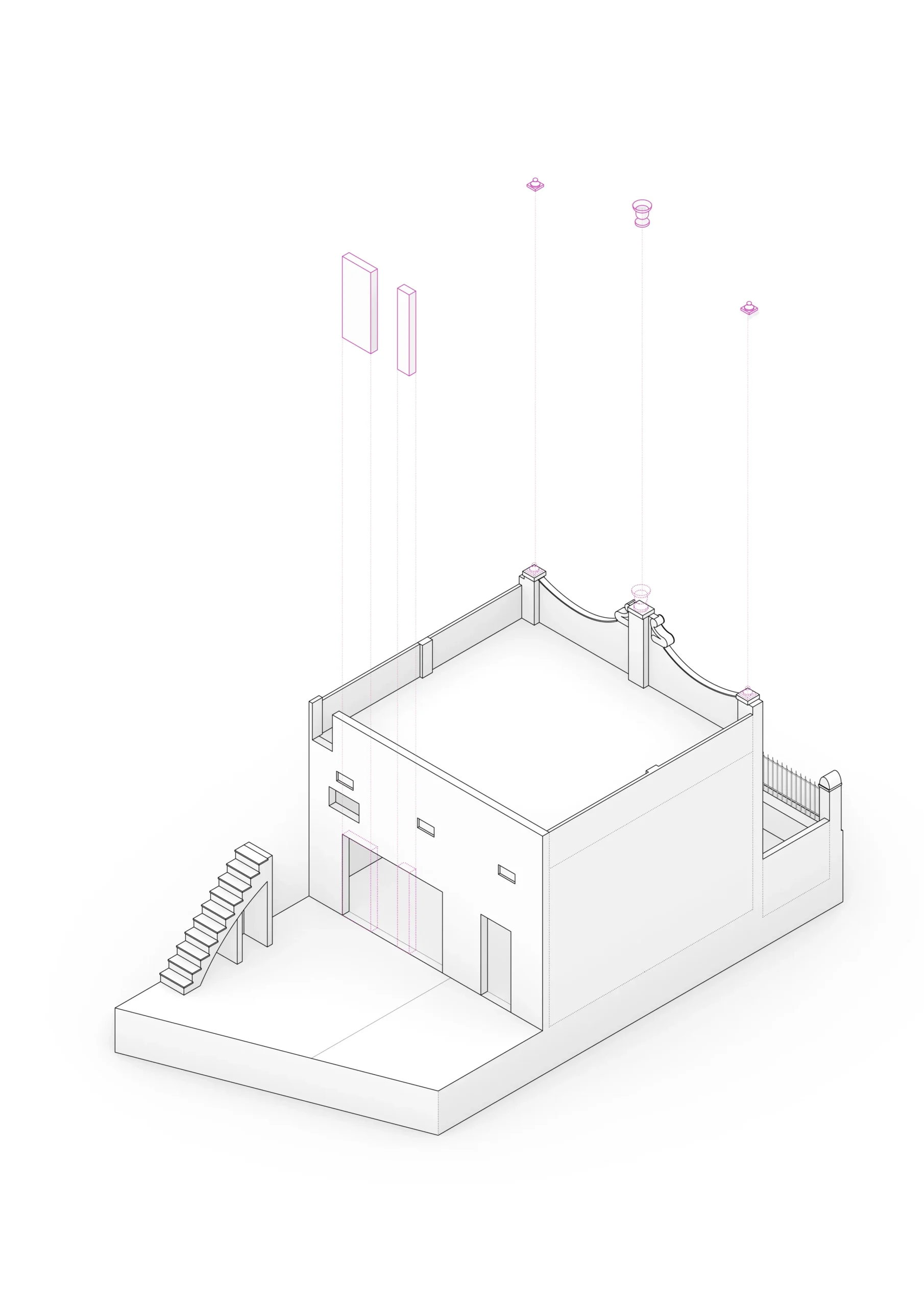 Diagrama axonométrico de vivienda reformada en Badalona, con volumetría de planta baja, patio posterior y escalera exterior de acceso a cubierta. Proyecto de Tova Arquitectura
