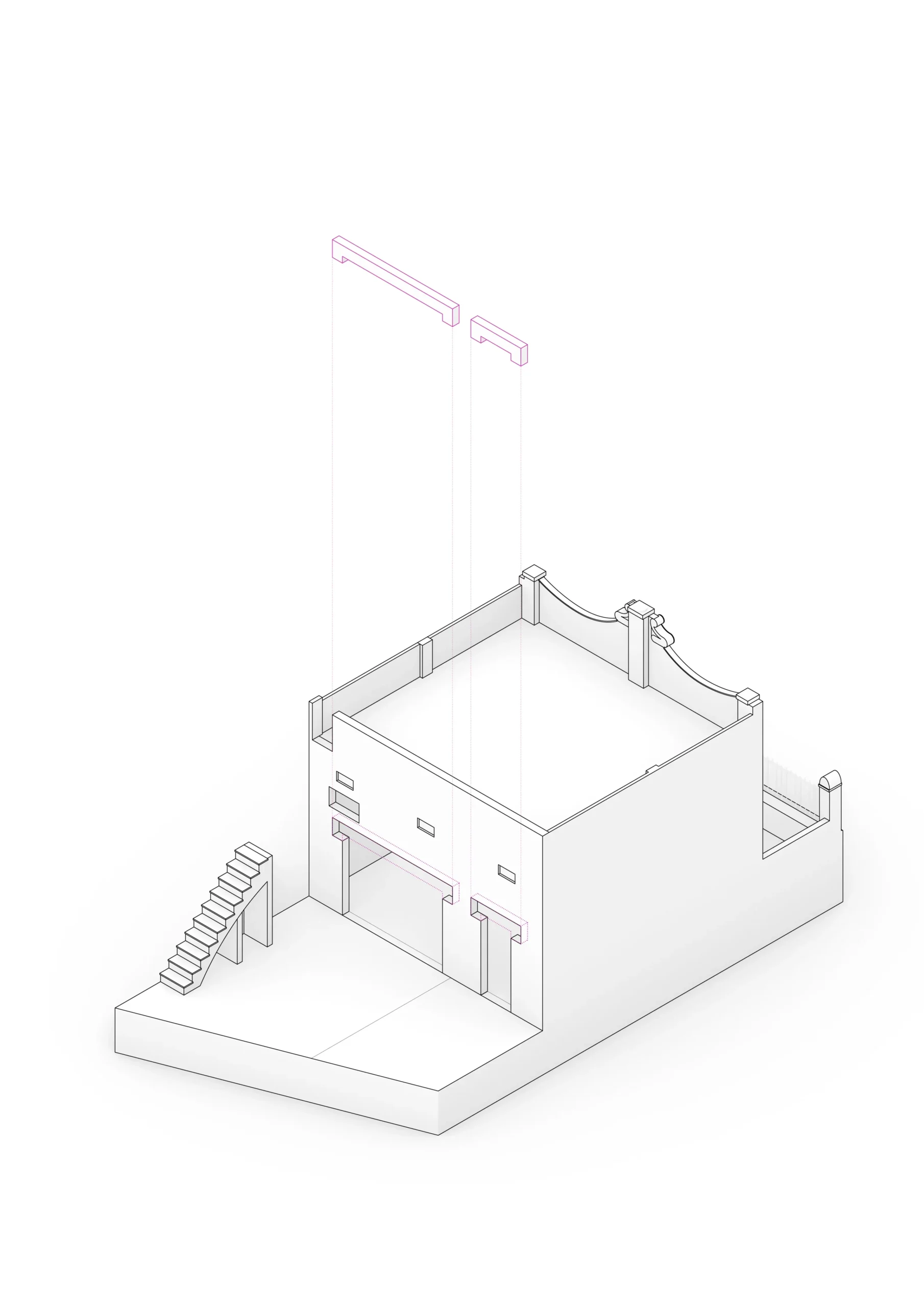 Diagrama axonométrico de vivienda reformada en Badalona, con volumetría de planta baja, patio posterior y escalera exterior de acceso a cubierta. Proyecto de Tova Arquitectura