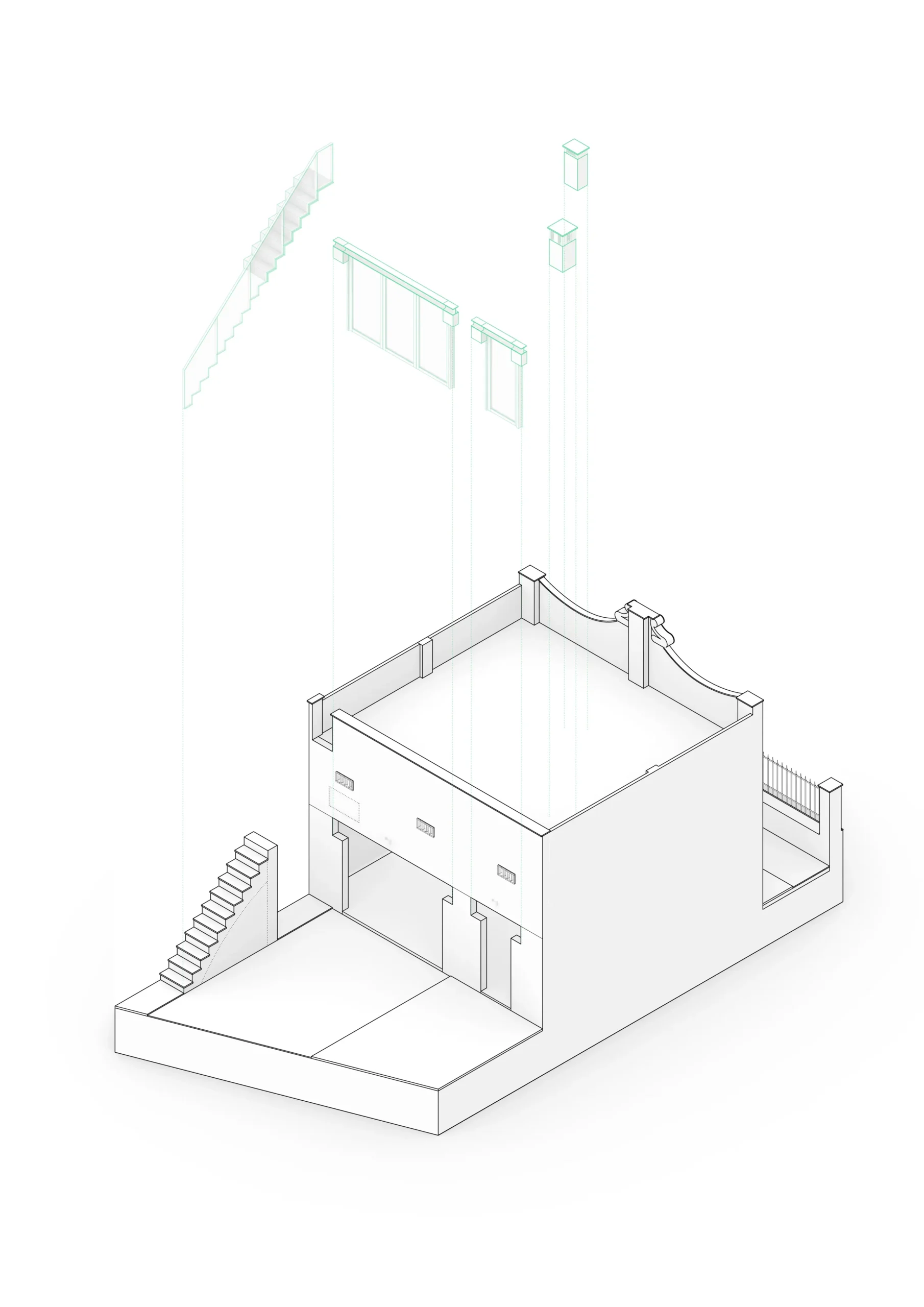 Diagrama axonométrico de vivienda reformada en Badalona, con volumetría de planta baja, patio posterior y escalera exterior de acceso a cubierta. Proyecto de Tova Arquitectura