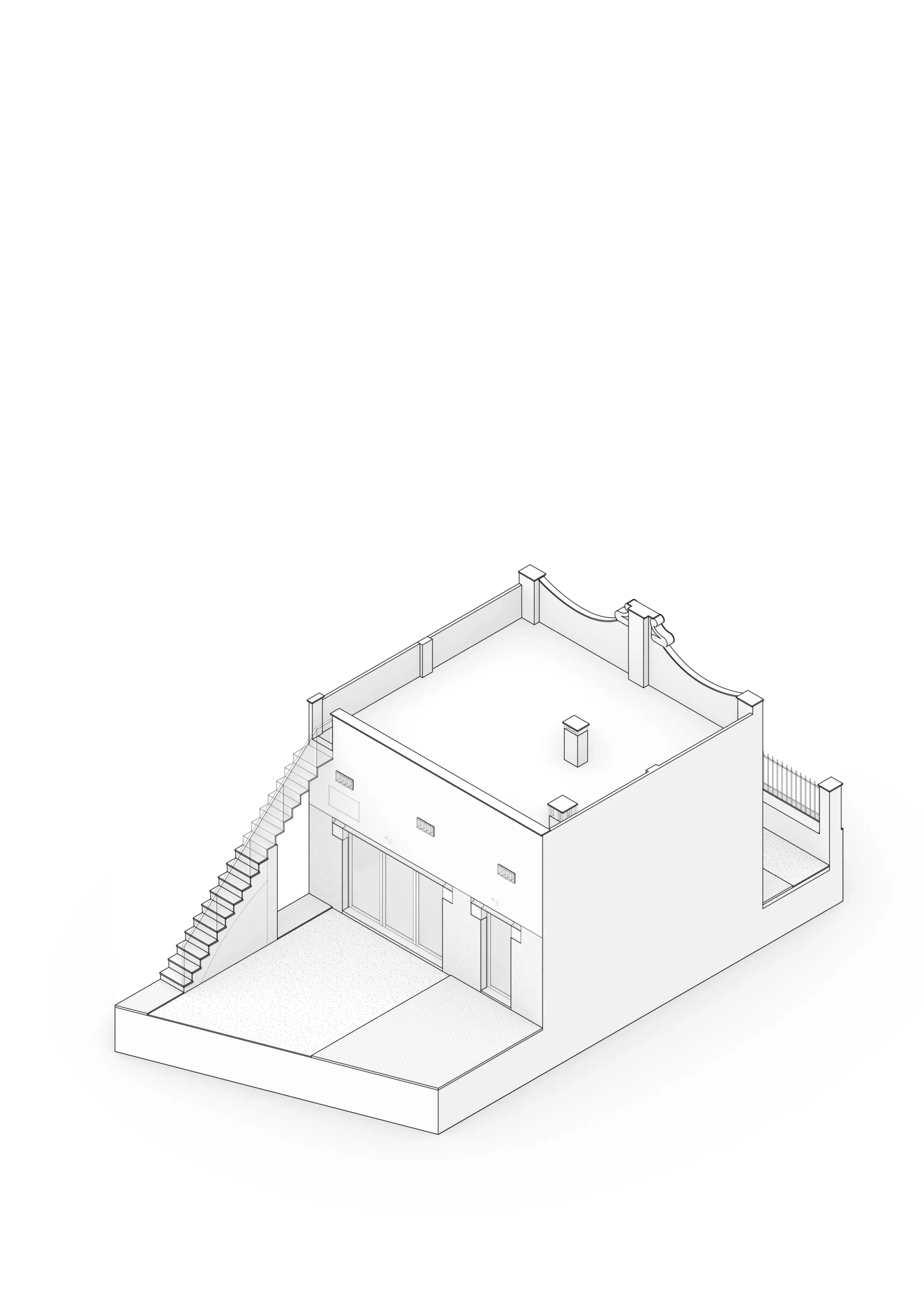 Diagrama axonométrico de vivienda reformada en Badalona, con volumetría de planta baja, patio posterior y escalera exterior de acceso a cubierta. Proyecto de Tova Arquitectura