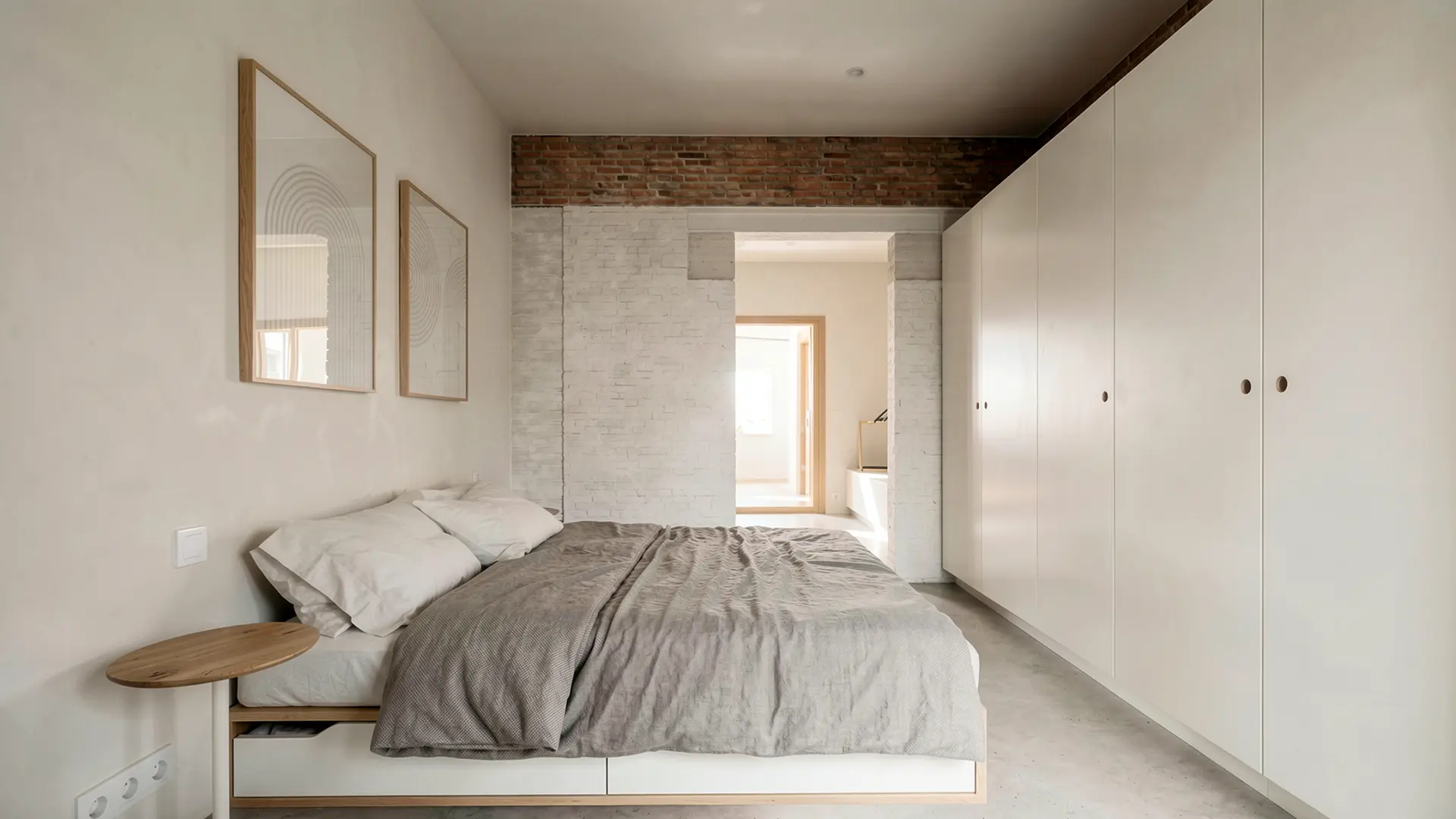 Dormitorio principal de vivienda reformada en Badalona, con armarios empotrados lacados en blanco, ladrillo antiguo recuperado visto en friso superior y suelo de microcemento. Proyecto de Tova Arquitectura