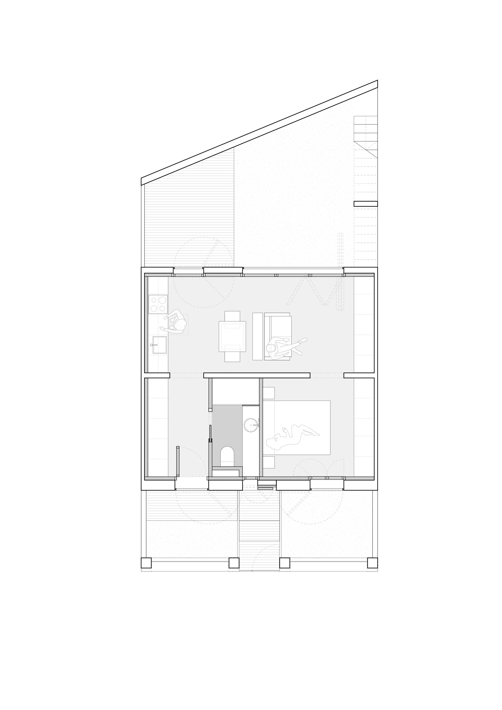 Plano de planta reformada de vivienda en Badalona, con distribución de salón comedor y cocina en planta abierta, dormitorio, baño y acceso al patio posterior. Proyecto de Tova Arquitectura