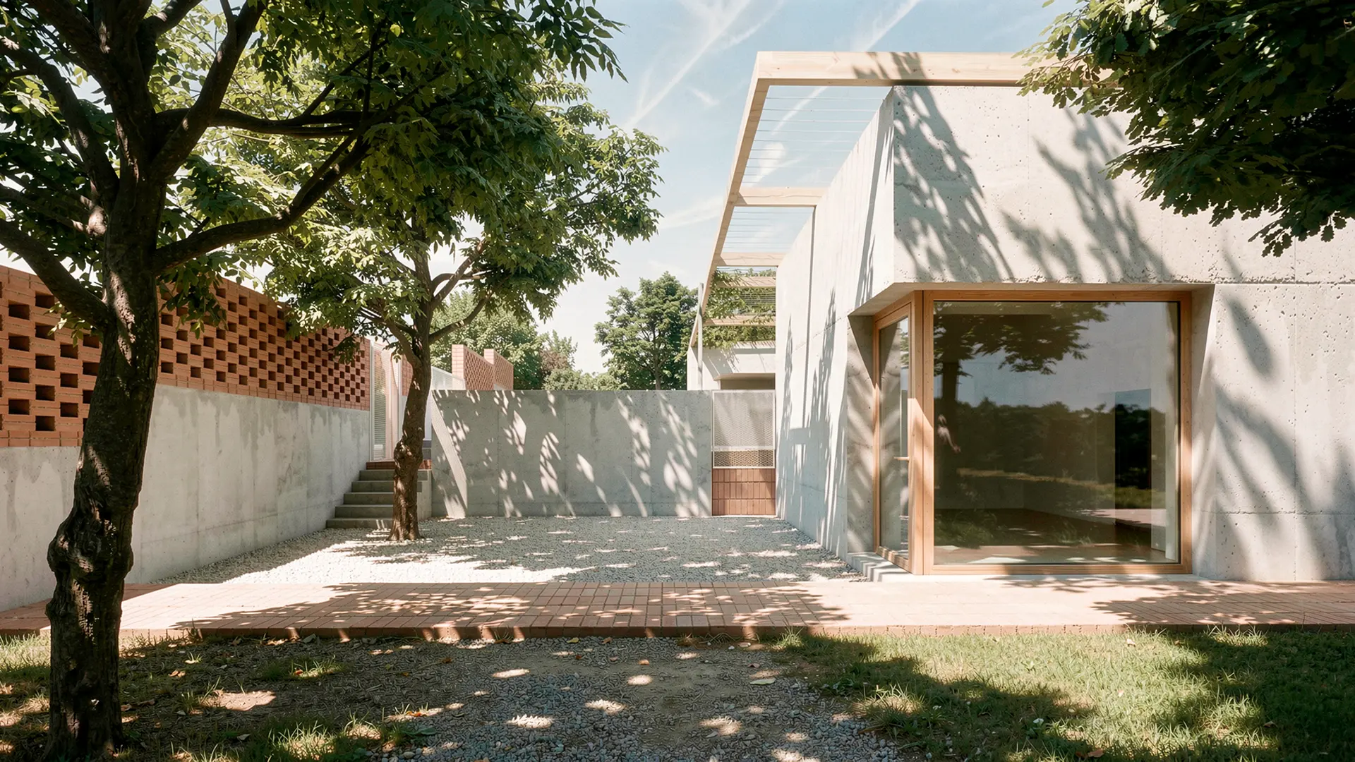 Anexo de vivienda unifamiliar de obra nueva en Cardedeu, con volumen de hormigón visto, carpintería de madera y lucernario en cubierta que aporta luz cenital. Proyecto de Tova Arquitectura