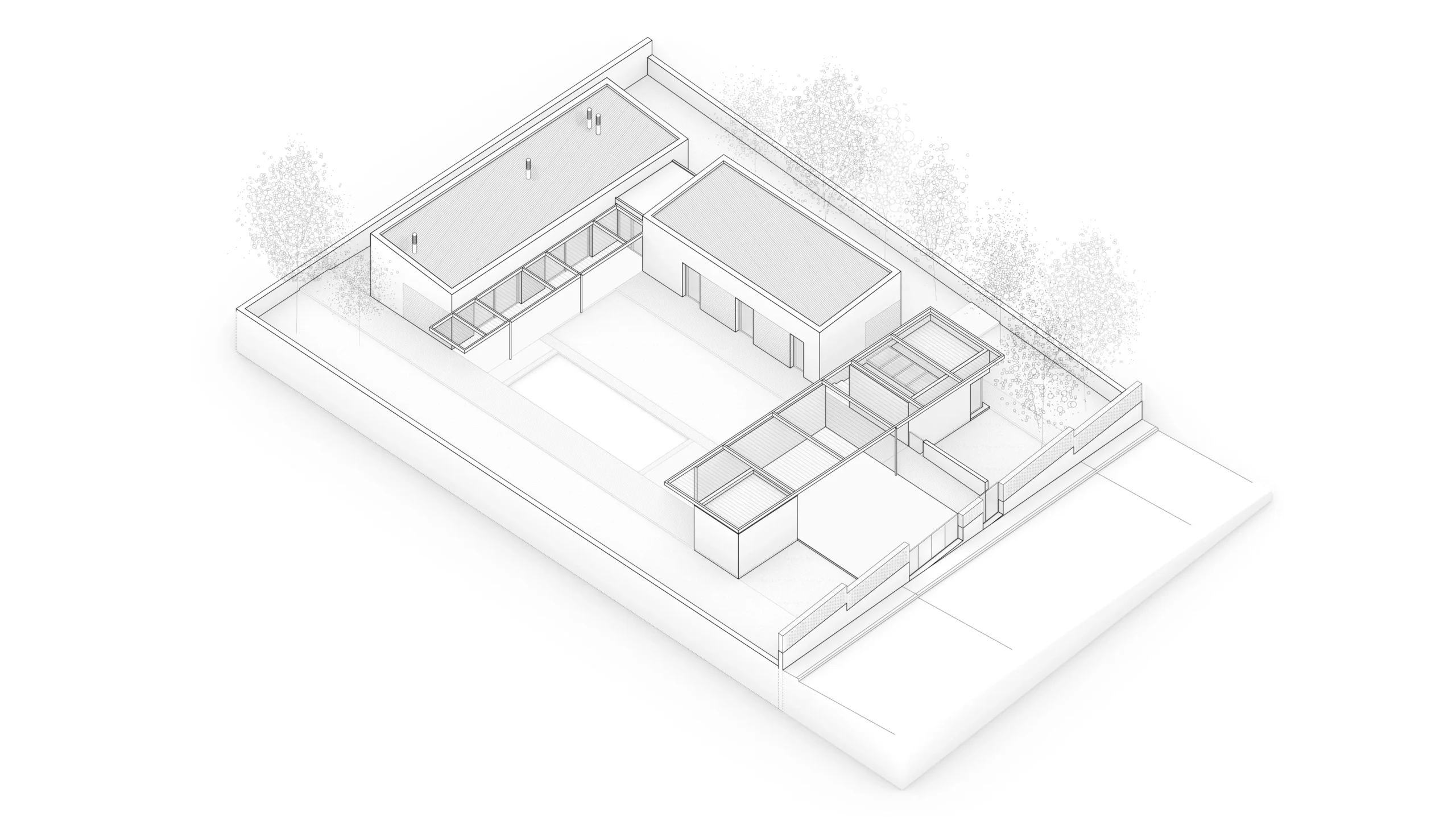 Diagrama de vivienda unifamiliar de obra nueva en Cardedeu, con tres volúmenes independientes conectados por pérgolas y piscina integrada en el jardín. Proyecto de Tova Arquitectura