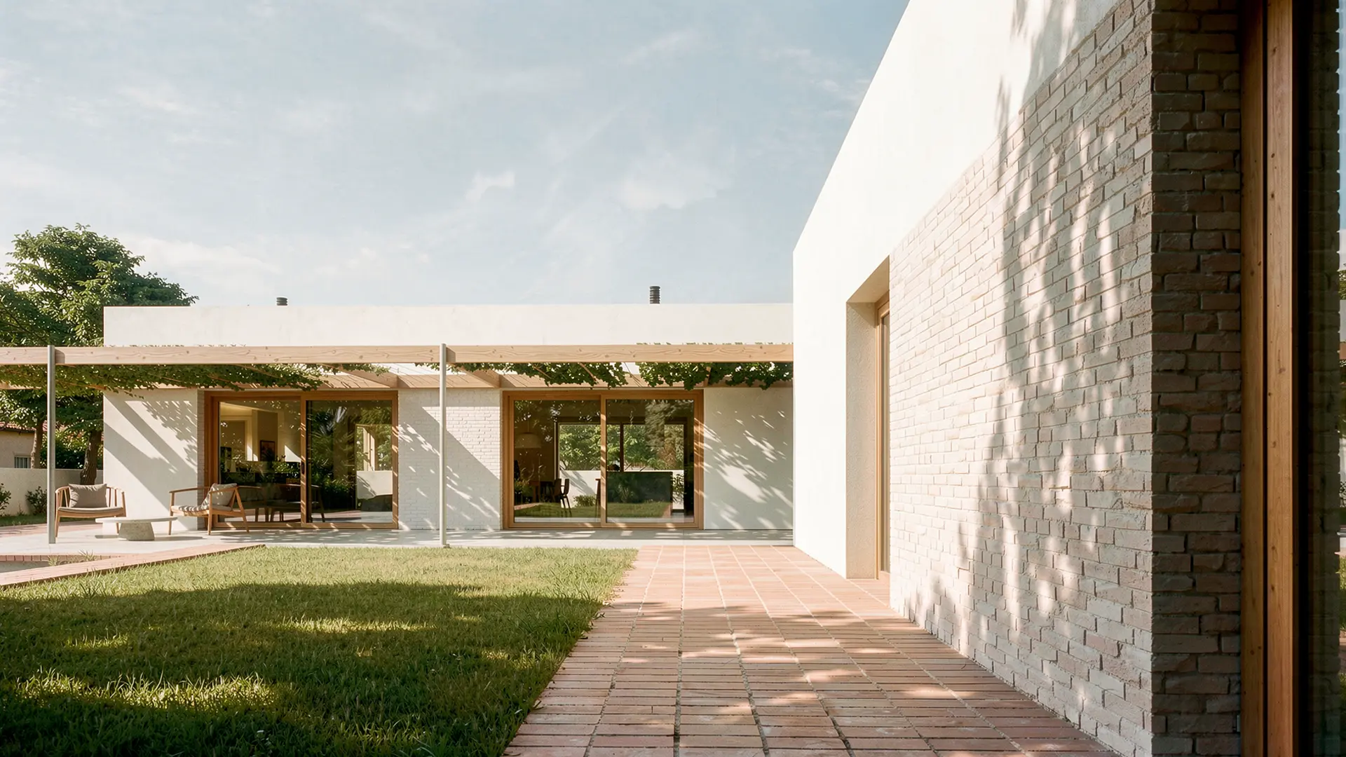 Vivienda unifamiliar de obra nueva en Cardedeu con jardín, pérgola de madera y carpinterías en madera. Proyecto de Tova Arquitectura.