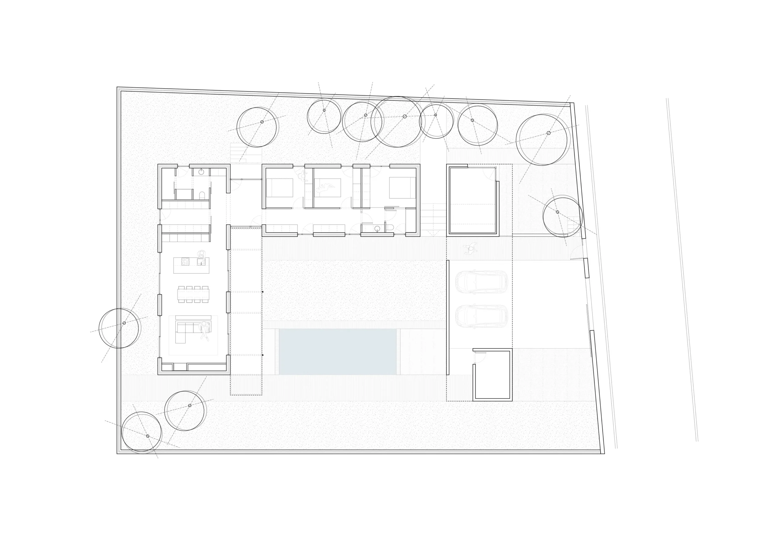 Plano de planta de vivienda unifamiliar de obra nueva en Cardedeu, con tres volúmenes independientes conectados por pérgolas y piscina integrada en el jardín. Proyecto de Tova Arquitectura