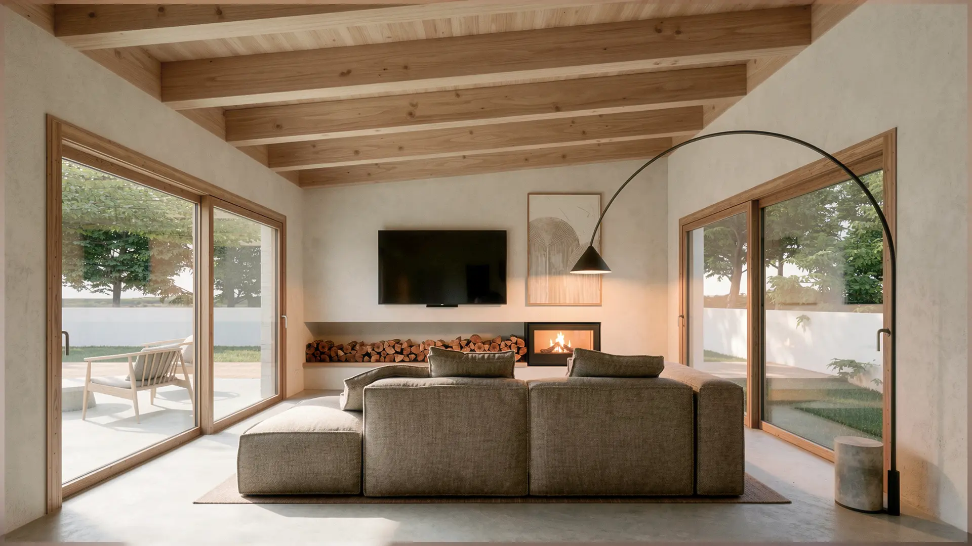 Salón de vivienda unifamiliar de obra nueva en Cardedeu, con techo de vigas de madera vista, chimenea empotrada, carpinterías de madera y doble apertura al jardín. Proyecto de Tova Arquitectura