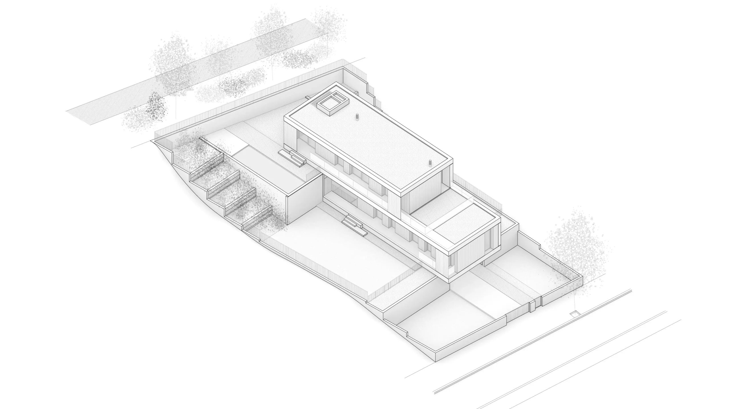 Diagrama axonométrico de vivienda unifamiliar de obra nueva en Cardedeu, con volumetría de dos plantas escalonada adaptada a parcela en ladera, piscina y jardín aterrazado. Propuesta de diseño de Tova Arquitectura