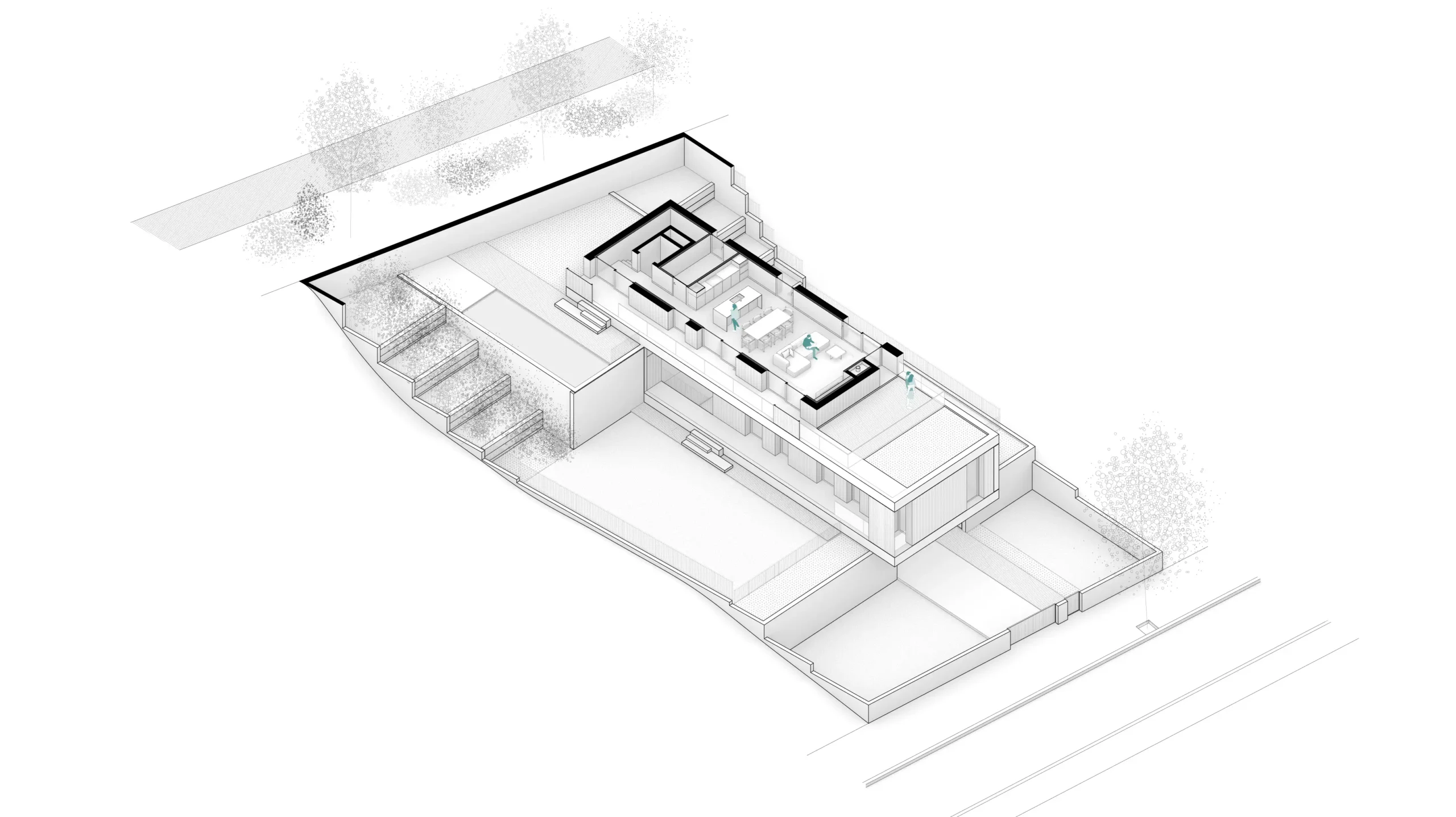 Diagrama axonométrico seccionado en planta segunda de vivienda unifamiliar de obra nueva en Cardedeu, con volumetría de dos plantas escalonada adaptada a parcela en ladera, piscina y jardín aterrazado. Propuesta de diseño de Tova Arquitectura