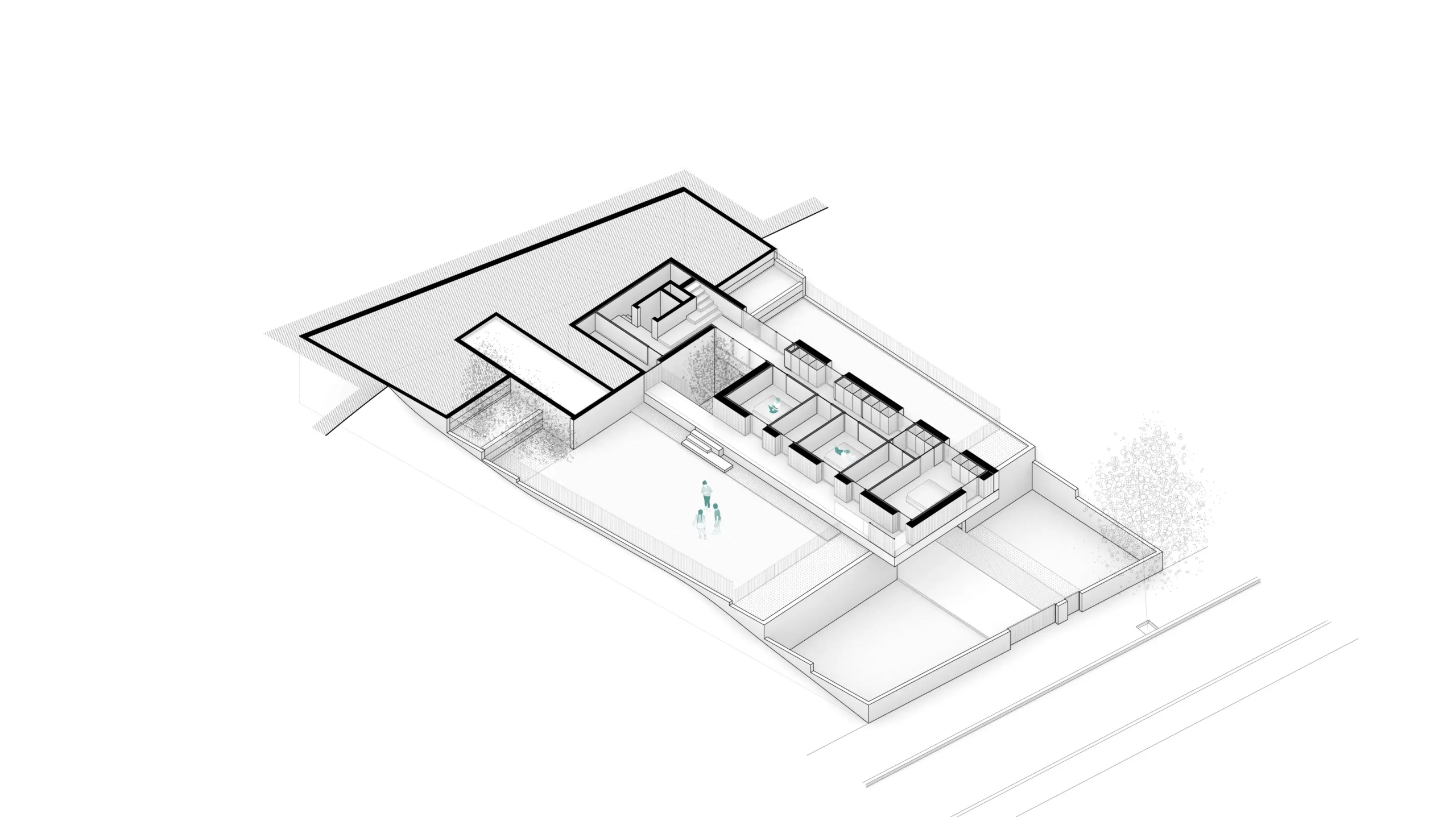 Diagrama axonométrico seccionado en planta primera de vivienda unifamiliar de obra nueva en Cardedeu, mostrando la distribución interior de la planta principal con salón comedor, cocina y núcleo central, adaptada a parcela en ladera. Propuesta de diseño de Tova Arquitectura.