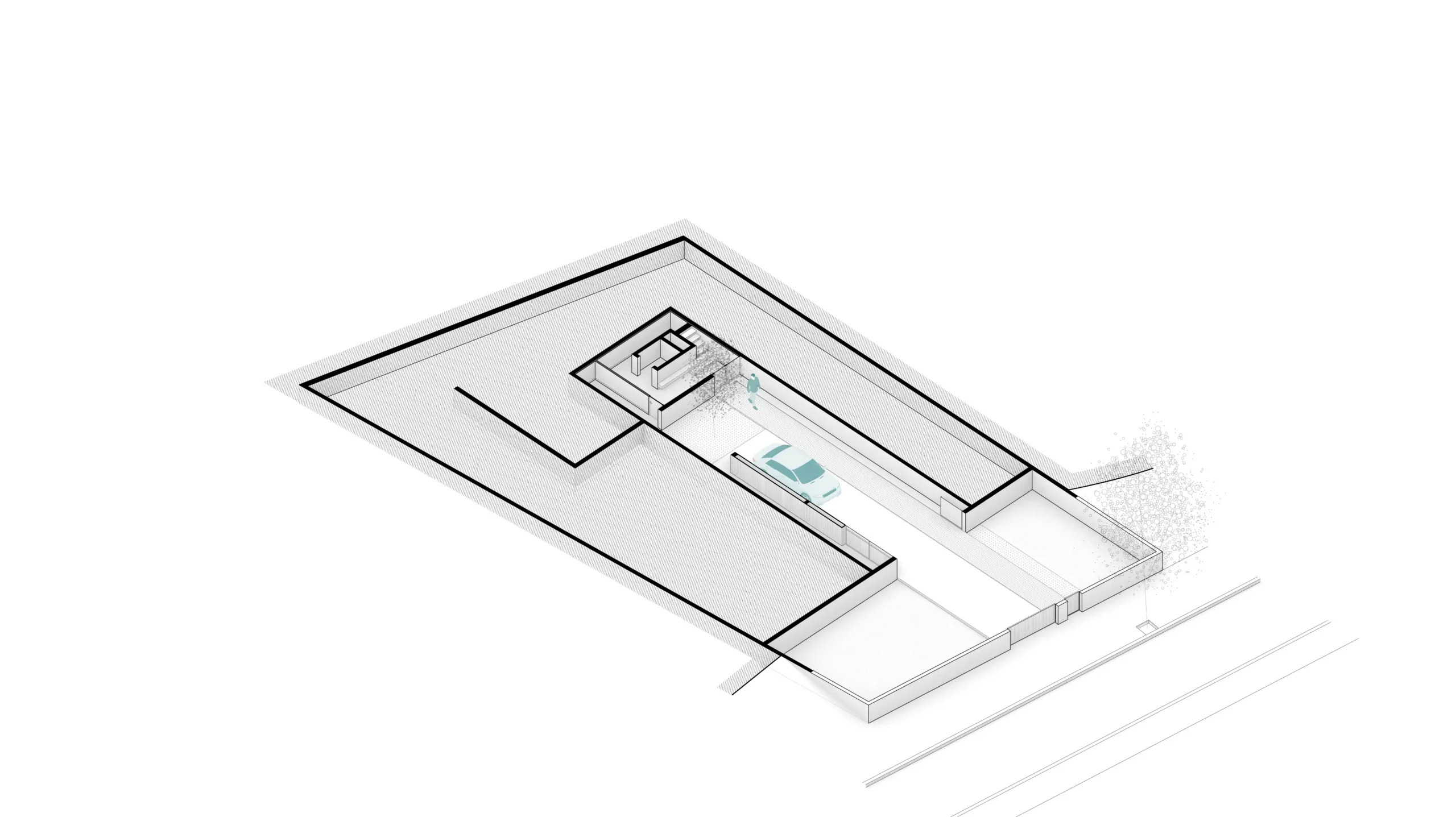 Diagrama axonométrico seccionado en planta baja de vivienda unifamiliar de obra nueva en Cardedeu, mostrando la distribución interior de la planta principal con salón comedor, cocina y núcleo central, adaptada a parcela en ladera. Propuesta de diseño de Tova Arquitectura.