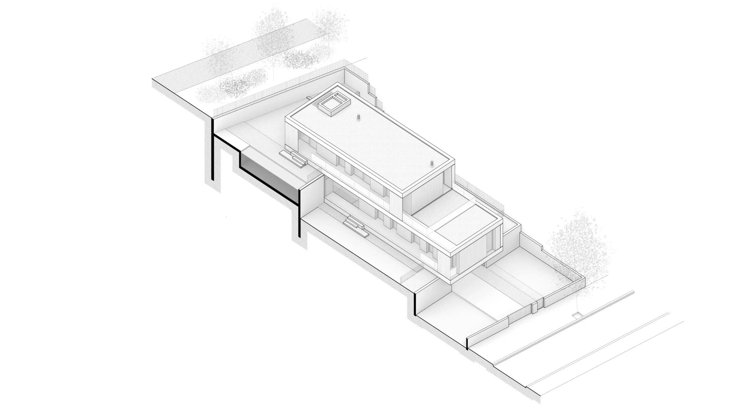 Diagrama axonométrico seccionado por patio de vivienda unifamiliar de obra nueva en Cardedeu, mostrando la distribución interior de la planta principal con salón comedor, cocina y núcleo central, adaptada a parcela en ladera. Propuesta de diseño de Tova Arquitectura.