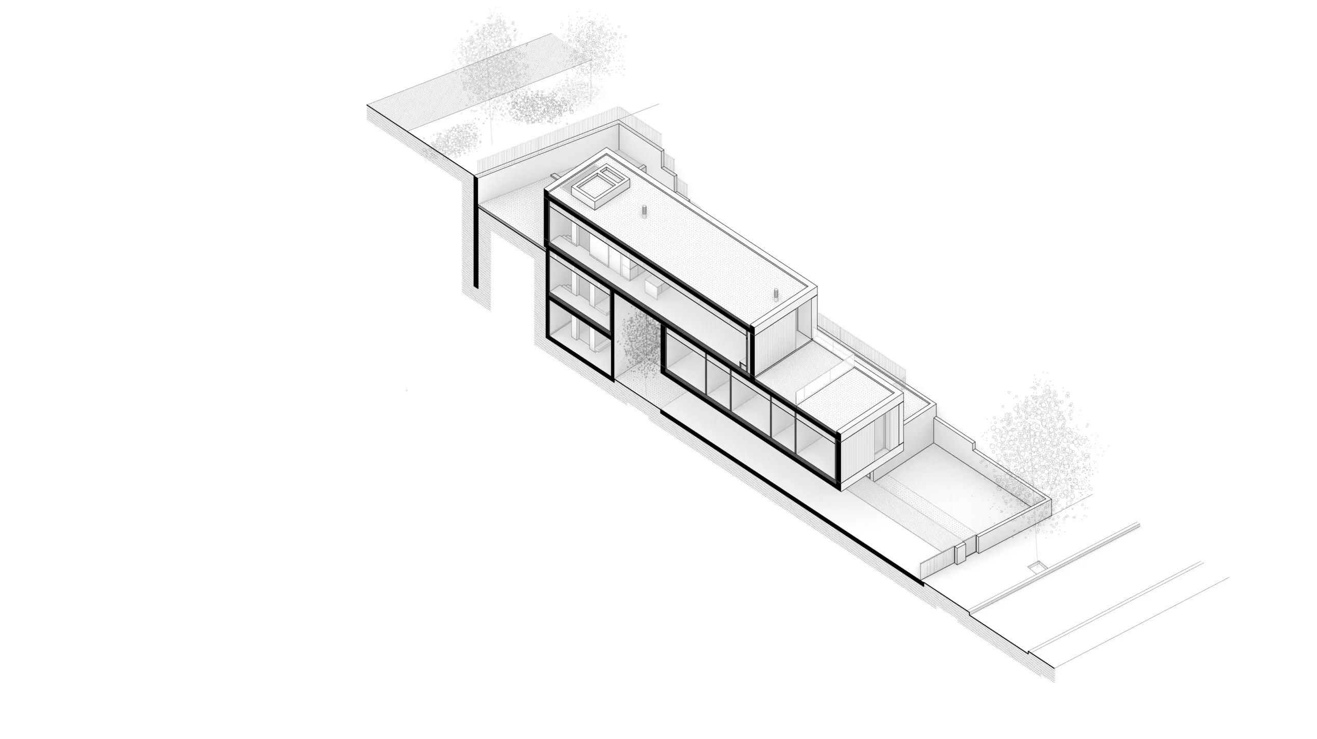 Diagrama axonométrico seccionado por vivienda de vivienda unifamiliar de obra nueva en Cardedeu, mostrando la distribución interior de la planta principal con salón comedor, cocina y núcleo central, adaptada a parcela en ladera. Propuesta de diseño de Tova Arquitectura.