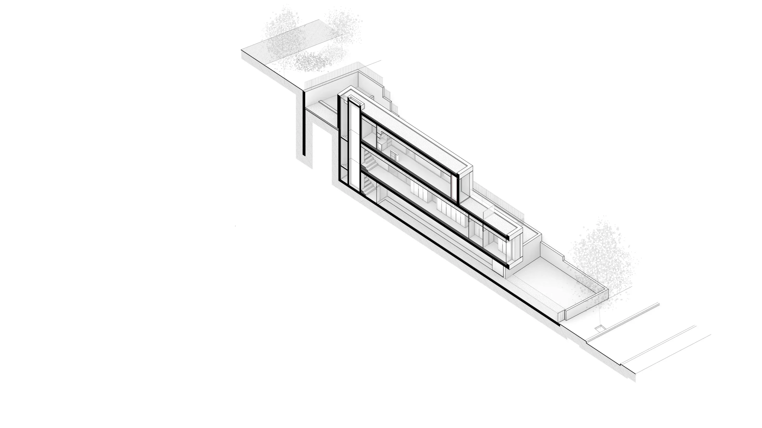Diagrama axonométrico seccionado por vivienda de vivienda unifamiliar de obra nueva en Cardedeu, mostrando la distribución interior de la planta principal con salón comedor, cocina y núcleo central, adaptada a parcela en ladera. Propuesta de diseño de Tova Arquitectura.