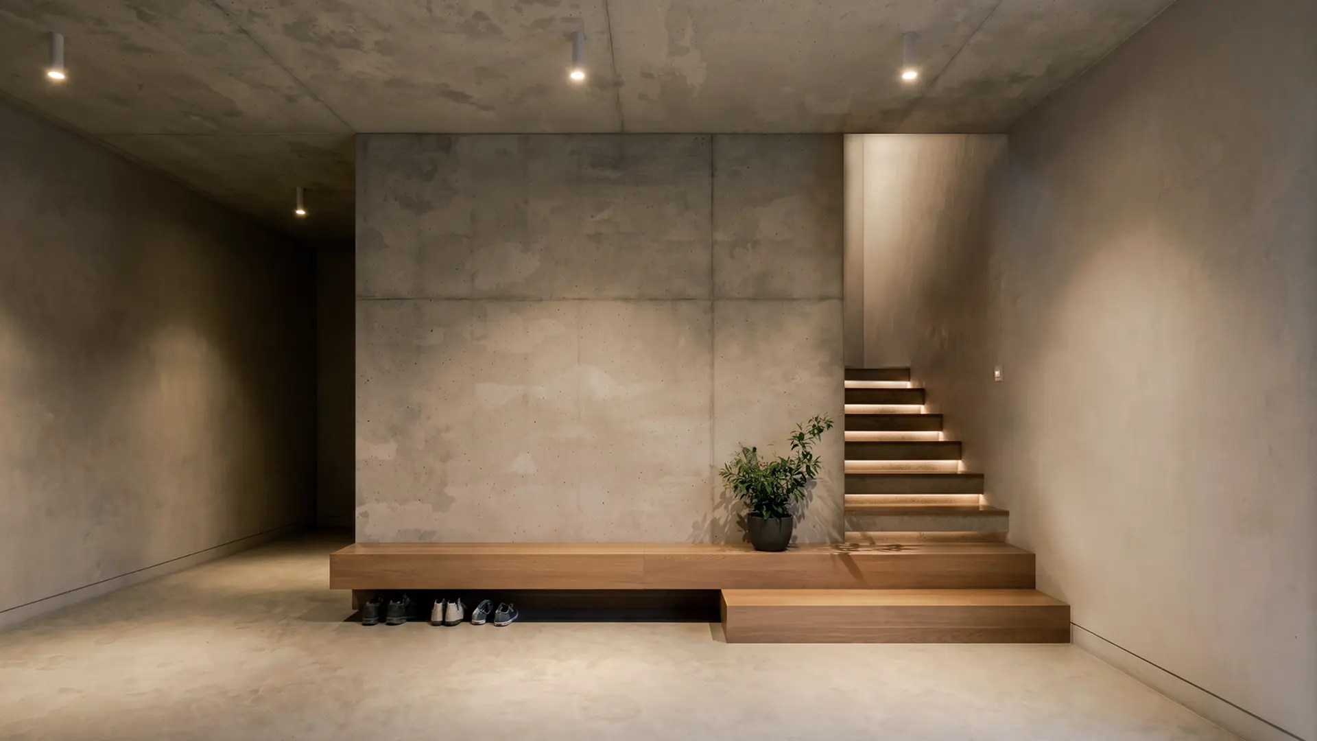 Entrada interior de vivienda unifamiliar de obra nueva en Cardedeu, con paredes y techo de hormigón visto, banco de madera maciza empotrado y escalera de madera con iluminación integrada en los peldaños. Propuesta de diseño de Tova Arquitectura