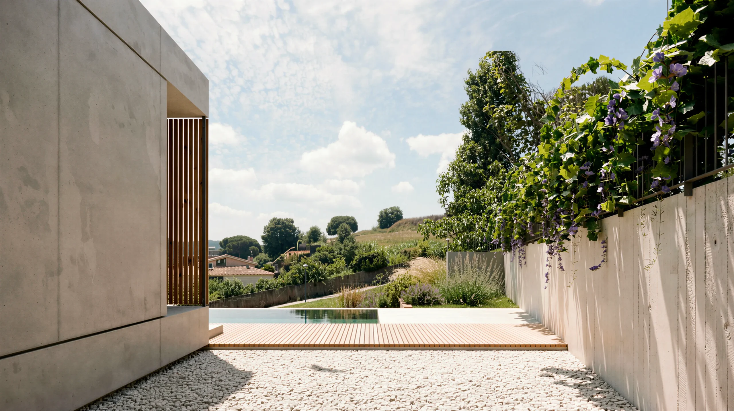 Zona de piscina de vivienda unifamiliar de obra nueva en Cardedeu, con piscina desbordante, tarima de madera, lecho de grava, muro encalado con vegetación y vistas al paisaje del Vallès Oriental. Propuesta de diseño de Tova Arquitectura
