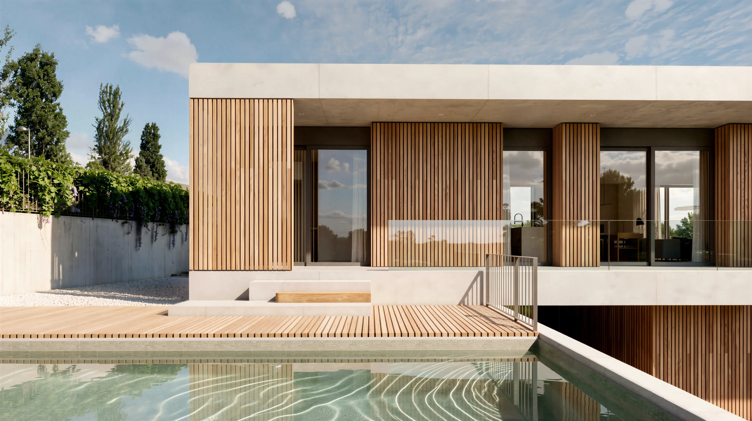Terraza de piscina de vivienda unifamiliar de obra nueva en Cardedeu, con tarima de madera al nivel del agua, fachada de lamas de madera verticales y hormigón visto con grandes ventanales al exterior. Propuesta de diseño de Tova Arquitectura