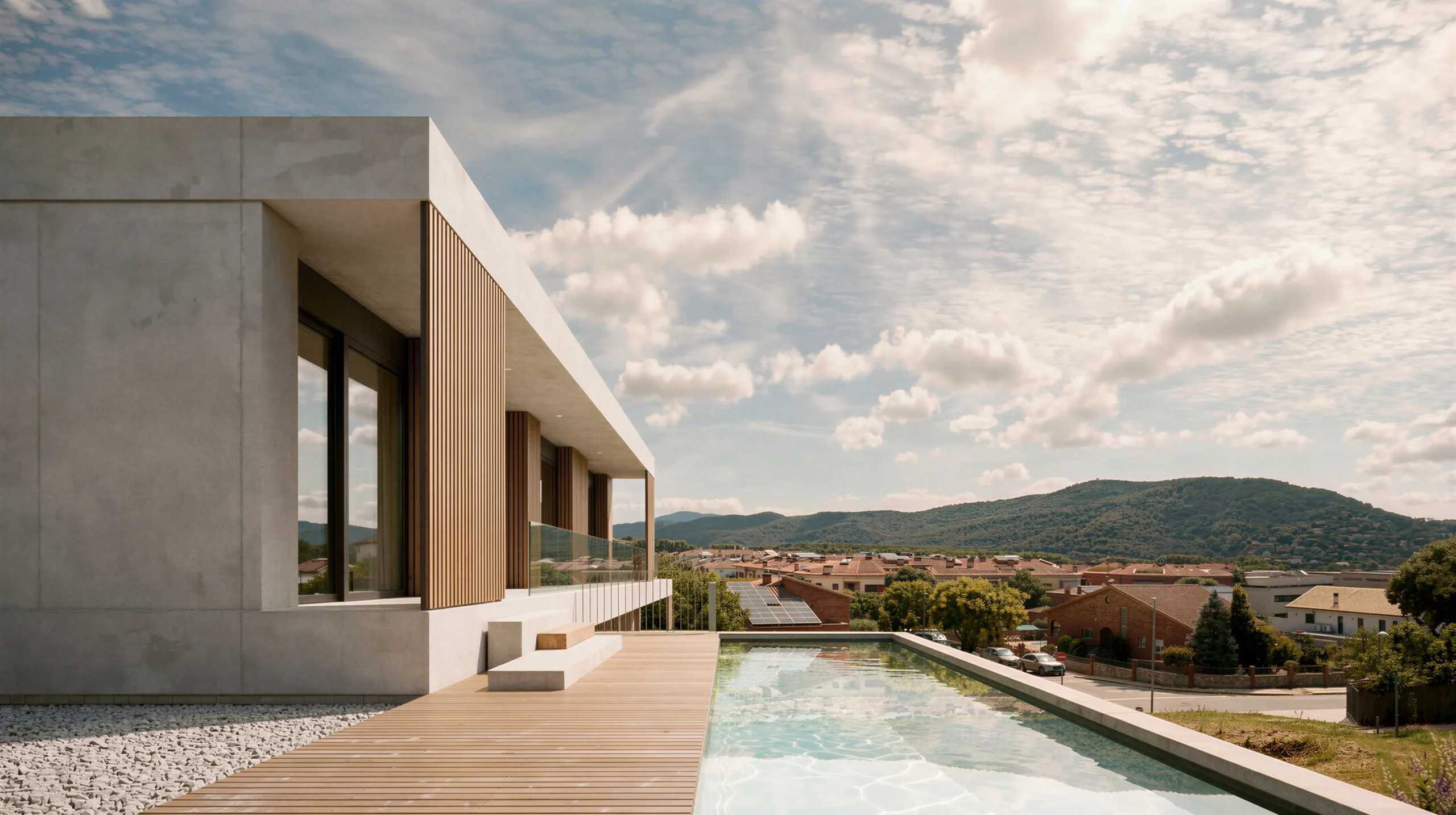Piscina desbordante de vivienda unifamiliar de obra nueva en Cardedeu, con tarima de madera, volumen de hormigón visto con lamas de madera y vistas panorámicas al al municipio. Propuesta de diseño de Tova Arquitectura
