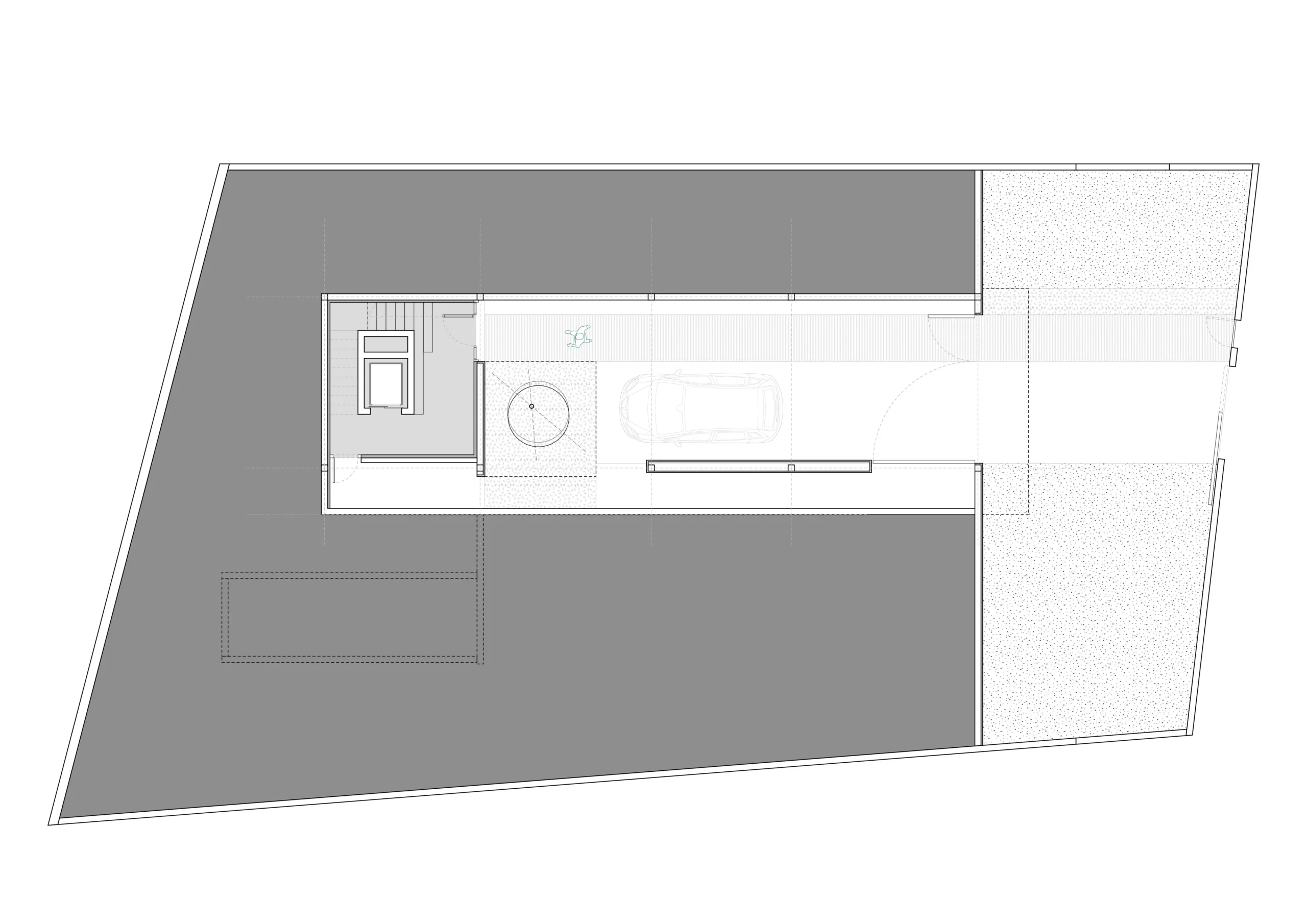 Plano de planta baja de vivienda unifamiliar de obra nueva en Cardedeu, con acceso desde calle, garaje, patio interior con árbol y núcleo de escalera, en parcela trapezoidal en ladera. Propuesta de diseño de Tova Arquitectura