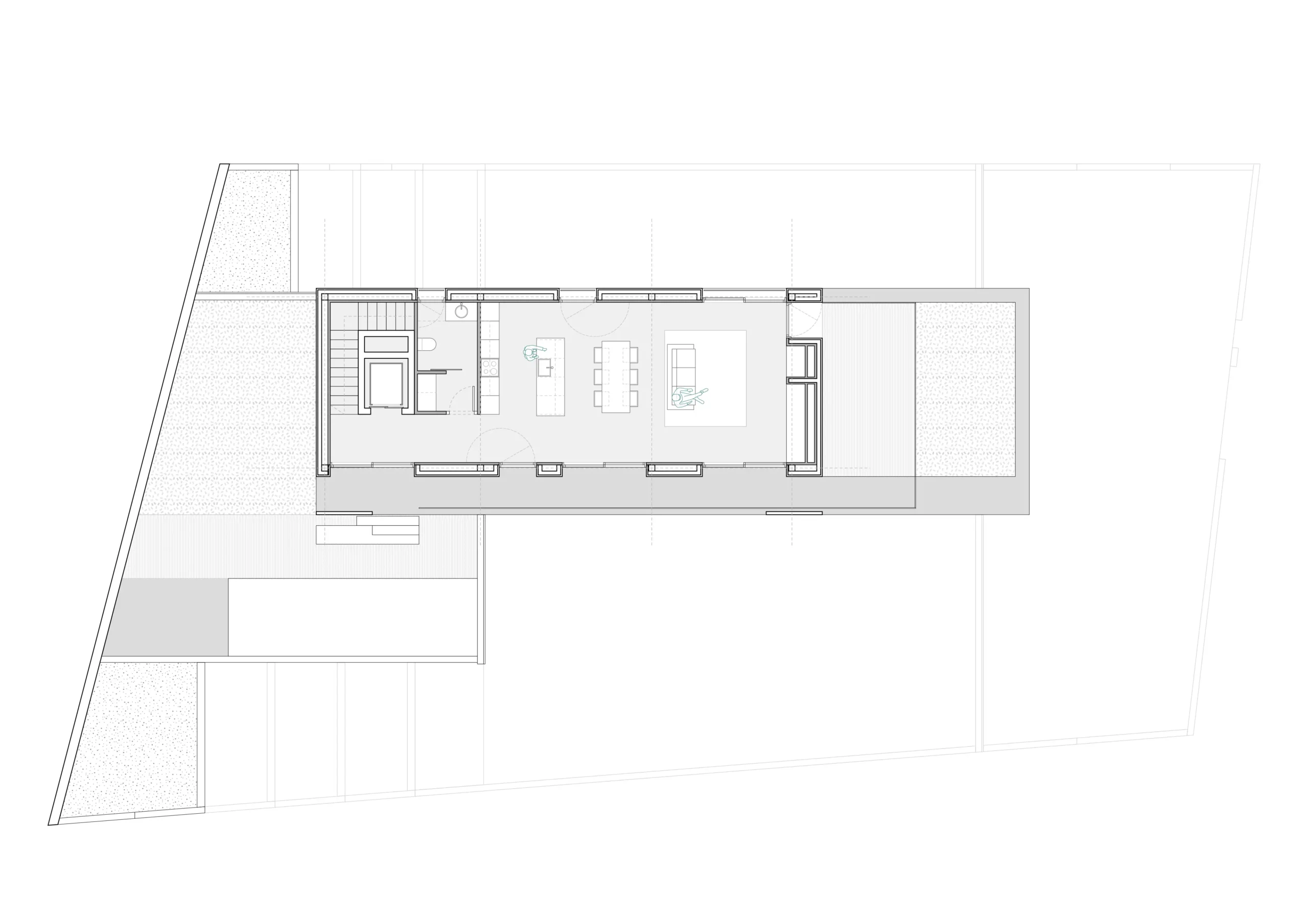 Plano de planta segunda de vivienda unifamiliar de obra nueva en Cardedeu, con tres dormitorios, dos baños y núcleo central con escalera y vestidor, rodeada de terraza perimetral. Propuesta de diseño de Tova Arquitectura