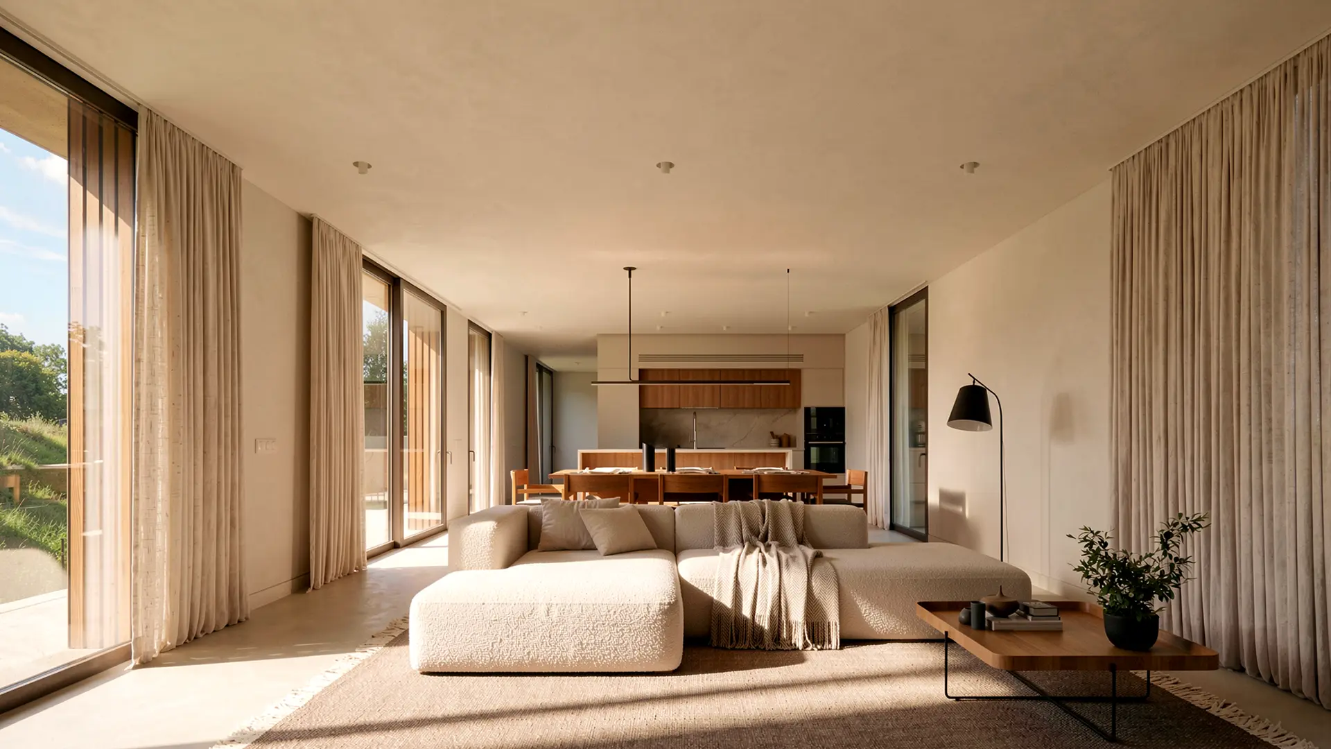 Salón comedor en planta abierta de vivienda unifamiliar de obra nueva en Cardedeu, con techo de mortero de cal, muebles de madera natural, grandes ventanales con cortinas de lino y vistas al jardín y la piscina. Propuesta de diseño de Tova Arquitectura
