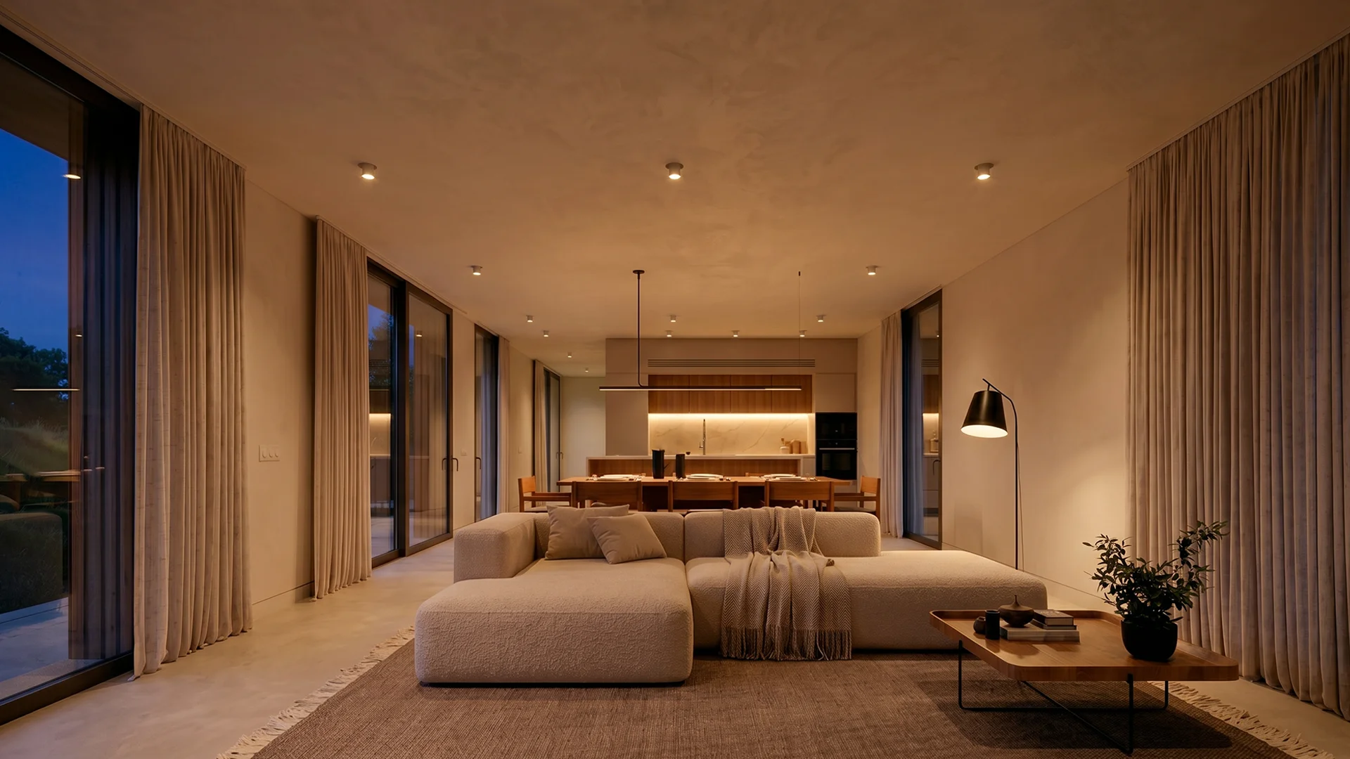 Salón comedor en planta abierta de noche en vivienda unifamiliar de obra nueva en Cardedeu, con techo de mortero de cal, muebles de madera natural, grandes ventanales con cortinas de lino y vistas al jardín y la piscina. Propuesta de diseño de Tova Arquitectura