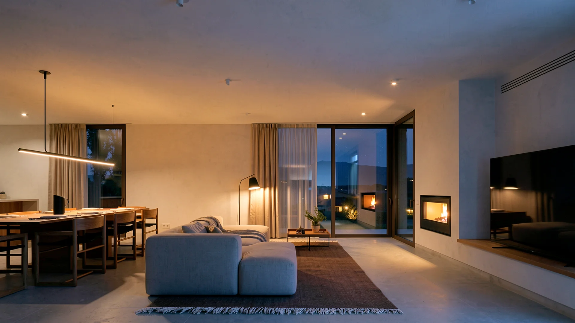 Salón de noche en vivienda unifamiliar de obra nueva en Cardedeu, con techo y paredes de mortero de cal, chimenea empotrada, suelo de microcemento y grandes ventanales con vistas al Montseny. Propuesta de diseño de Tova Arquitectura